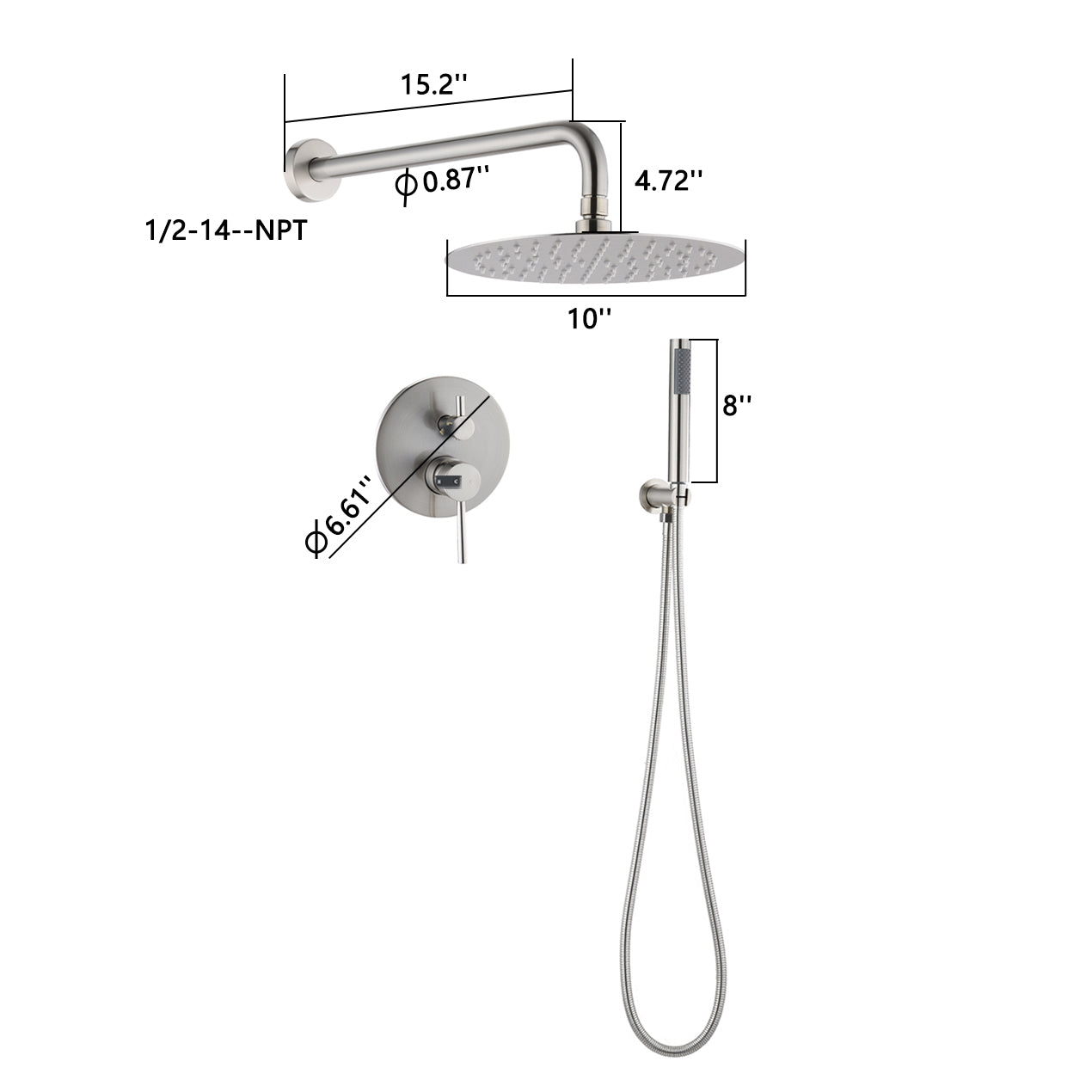 10" Brushed Nickle Roud Rain Shower Head And Handheld Shower Head Set Brushed Nickel Brass