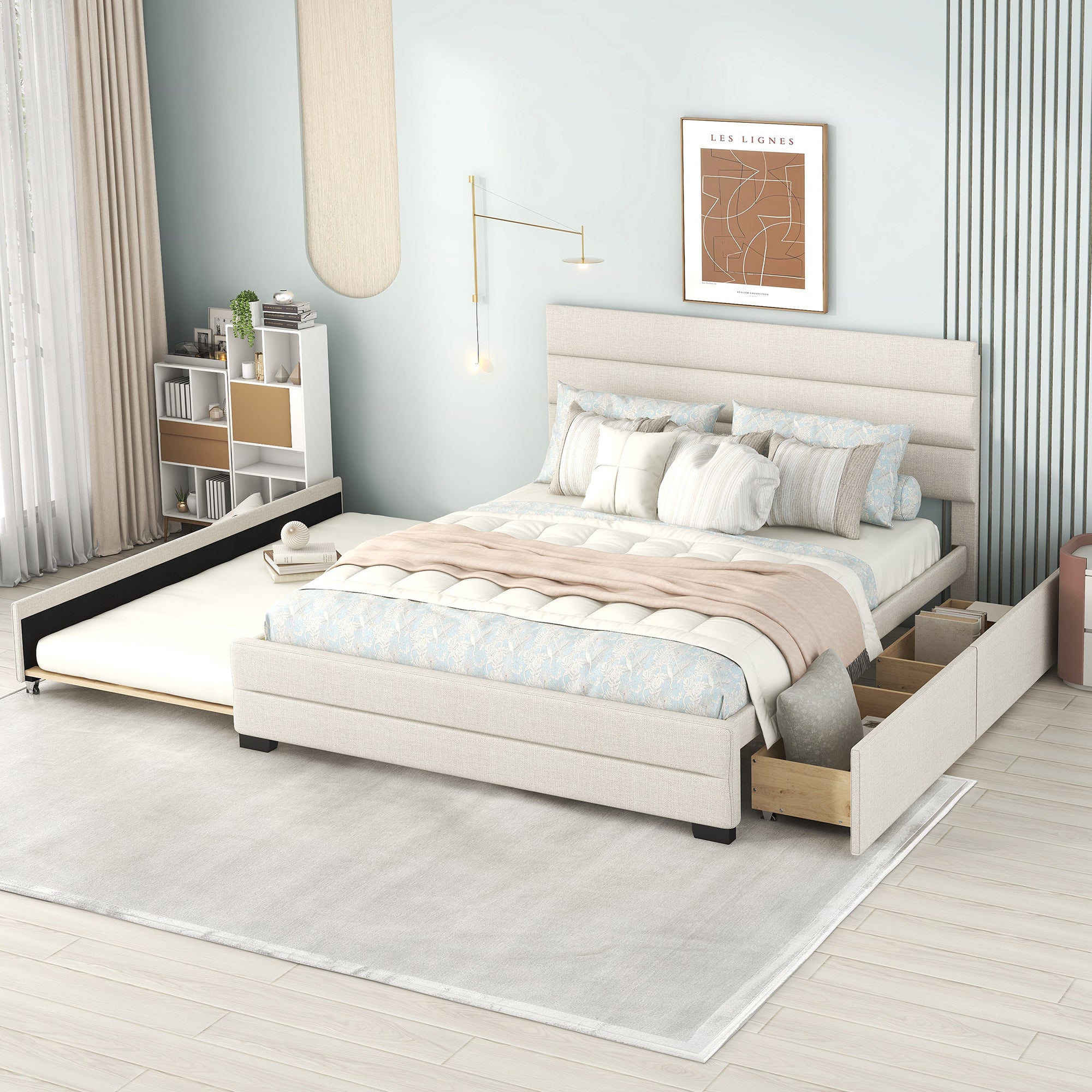 Queen Upholstered Platform Bed With Twin Size Trundle And Two Drawers, Beige Queen Beige Upholstered