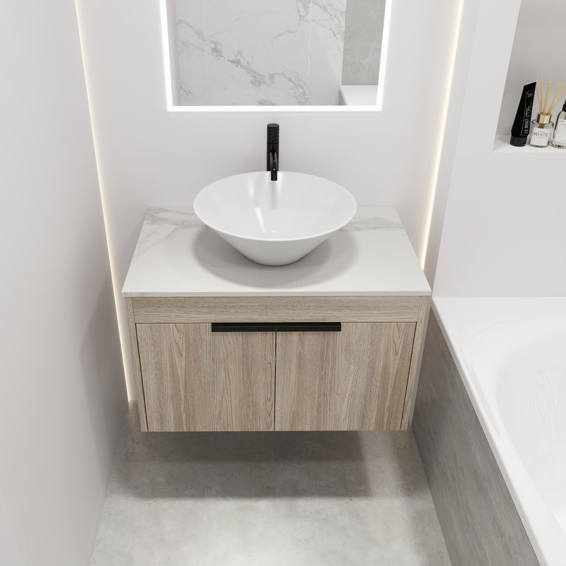 30''Modern Design Float Bathroom Vanity With Ceramic Basin Set,Wall Mounted White Oak Vanity With Soft Close Door,Kd Packing,Kd Packing,2 Pieces Parcel Top Bab217Mowh White Oak 2 Bathroom Wall Mounted Plywood