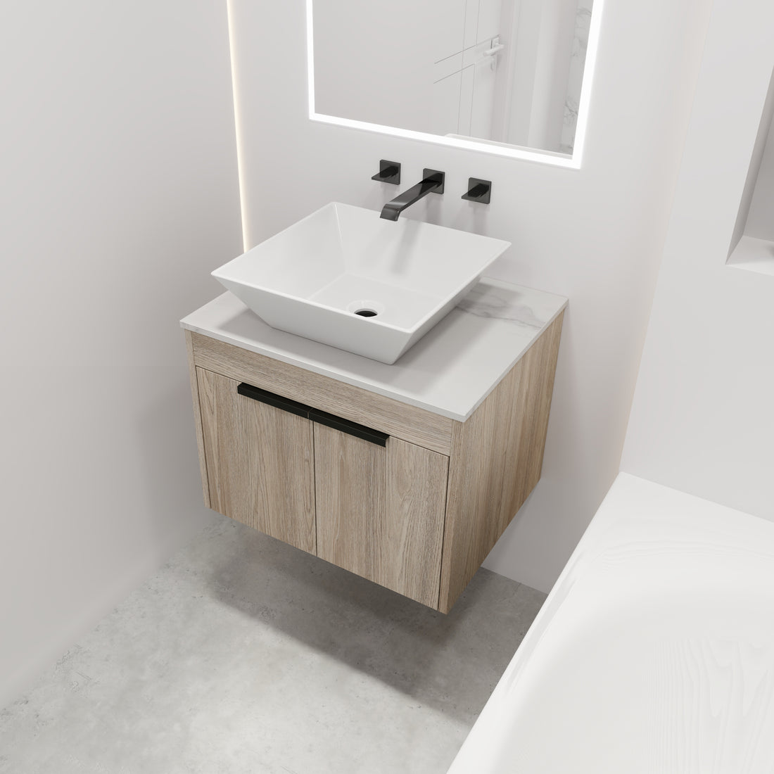 24 " Modern Design Float Bathroom Vanity With Ceramic Basin Set, Wall Mounted White Oak Vanity With Soft Close Door,Kd Packing,Kd Packing,2 Pieces Parcel Top Bab101Mowh White Oak Plywood