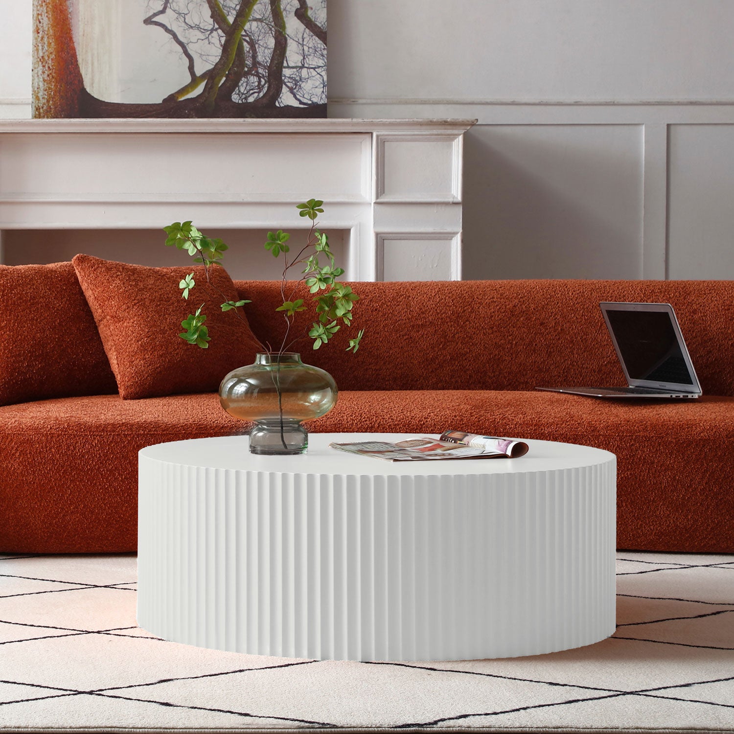 Contemporary Round Coffee Table With Handcrafted Relief, 35.43Inch, Whtie White Mdf