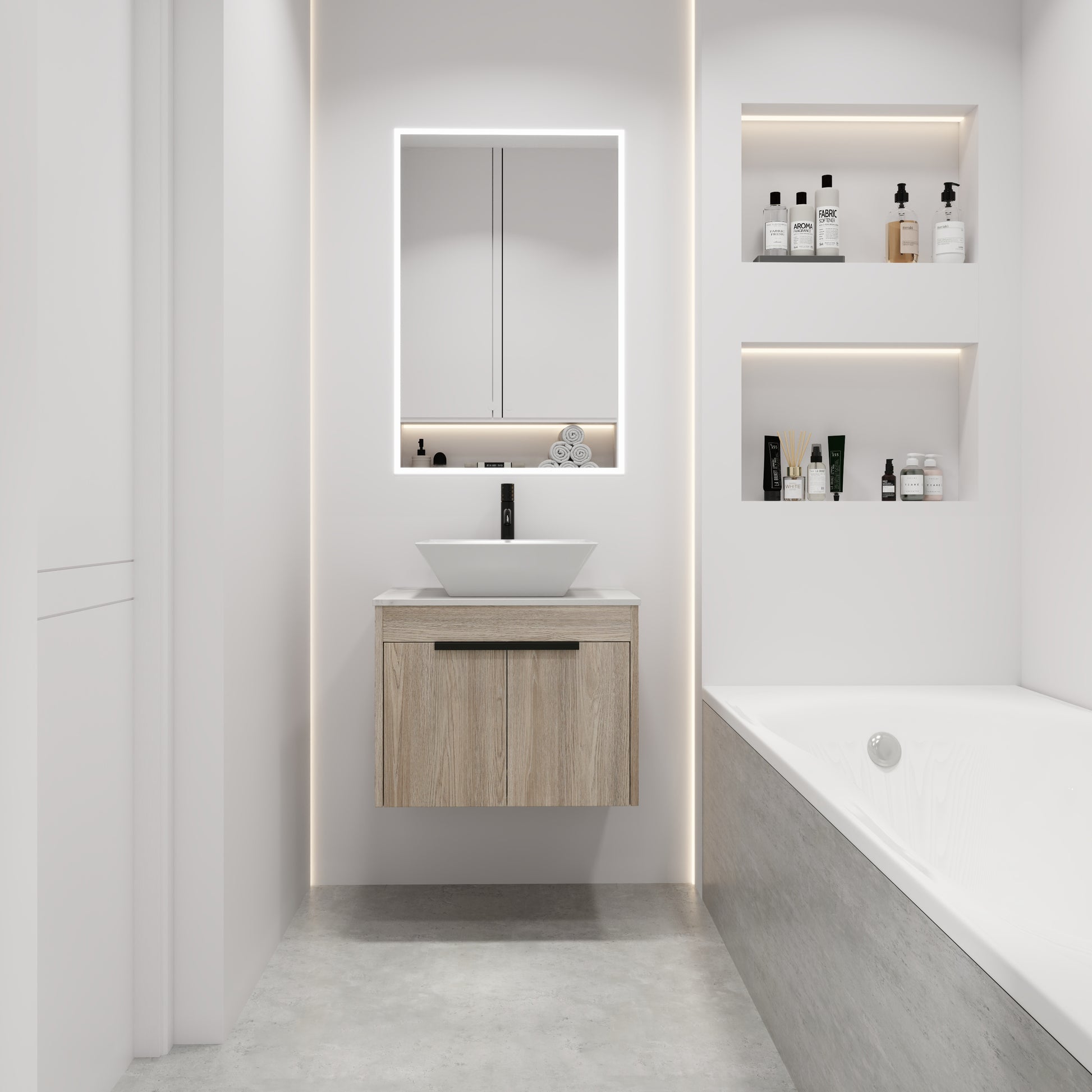 24 " Modern Design Float Bathroom Vanity With Ceramic Basin Set, Wall Mounted White Oak Vanity With Soft Close Door,Kd Packing,Kd Packing,2 Pieces Parcel Top Bab101Mowh White Oak Plywood