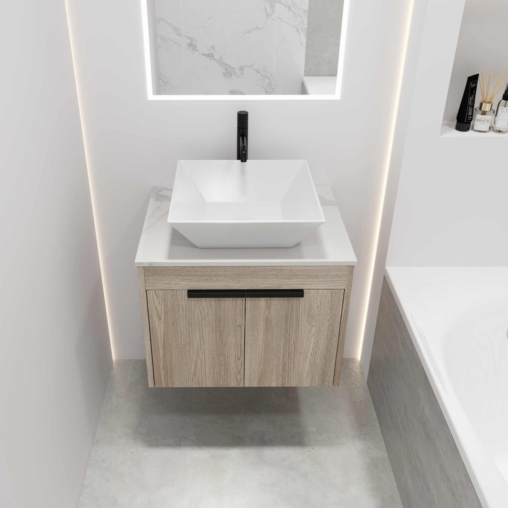 24 " Modern Design Float Bathroom Vanity With Ceramic Basin Set, Wall Mounted White Oak Vanity With Soft Close Door,Kd Packing,Kd Packing,2 Pieces Parcel Top Bab101Mowh White Oak Plywood