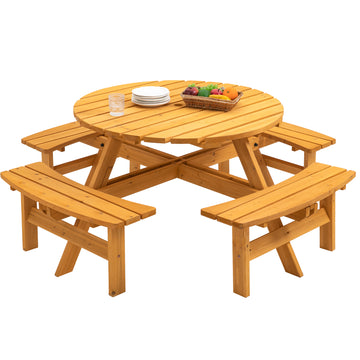 8 Person Wooden Picnic Table, Outdoor Camping Dining Table With Seat, Garden, Diy W 4 Built In Benches, 2220Lb Capacity Natural Natural Solid Wood