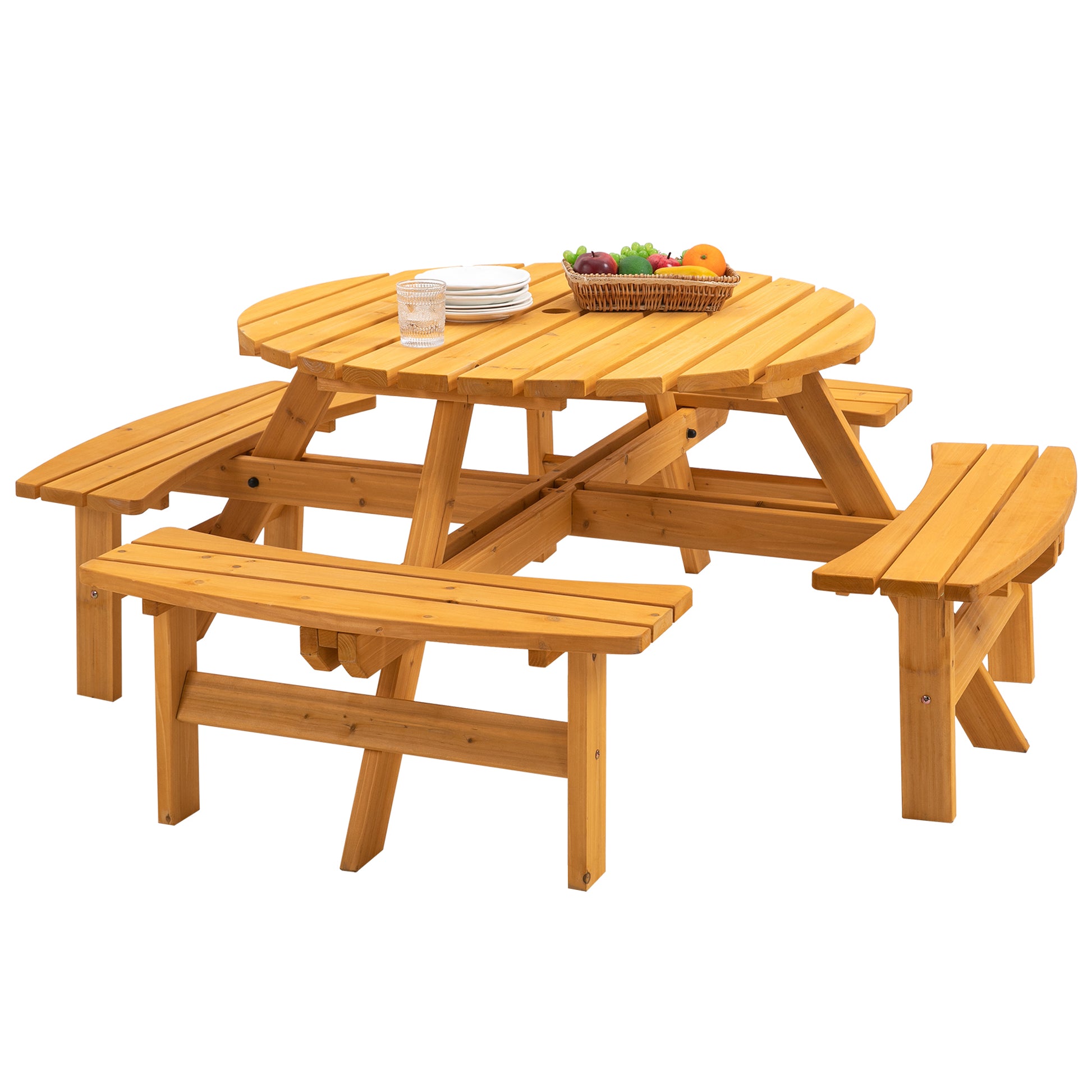 8 Person Wooden Picnic Table, Outdoor Camping Dining Table With Seat, Garden, Diy W 4 Built In Benches, 2220Lb Capacity Natural Natural Solid Wood