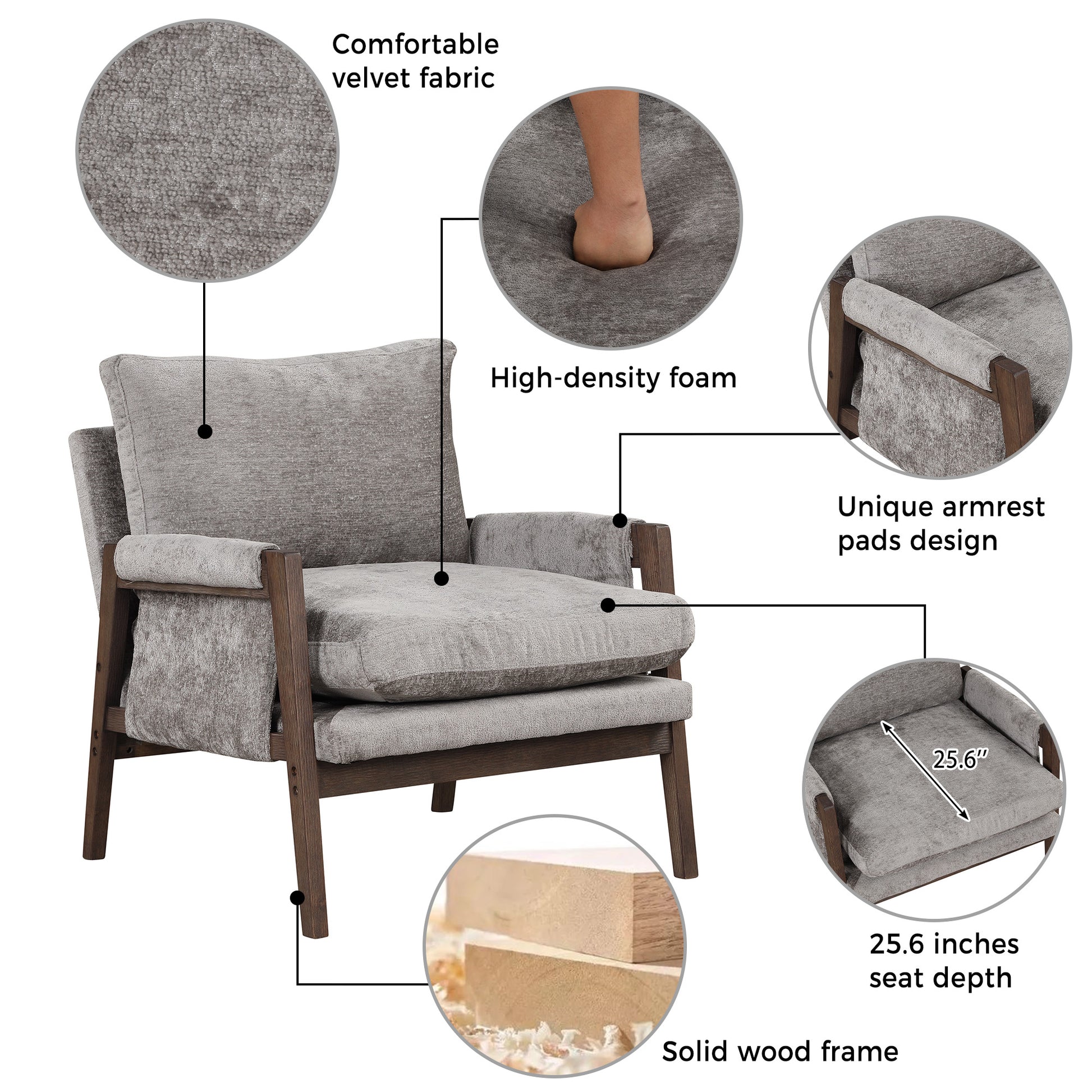 Mid Century Modern Velvet Accent Chair,Leisure Chair With Solid Wood And Thick Seat Cushion For Living Room,Bedroom,Studio,Grey Grey Foam Velvet