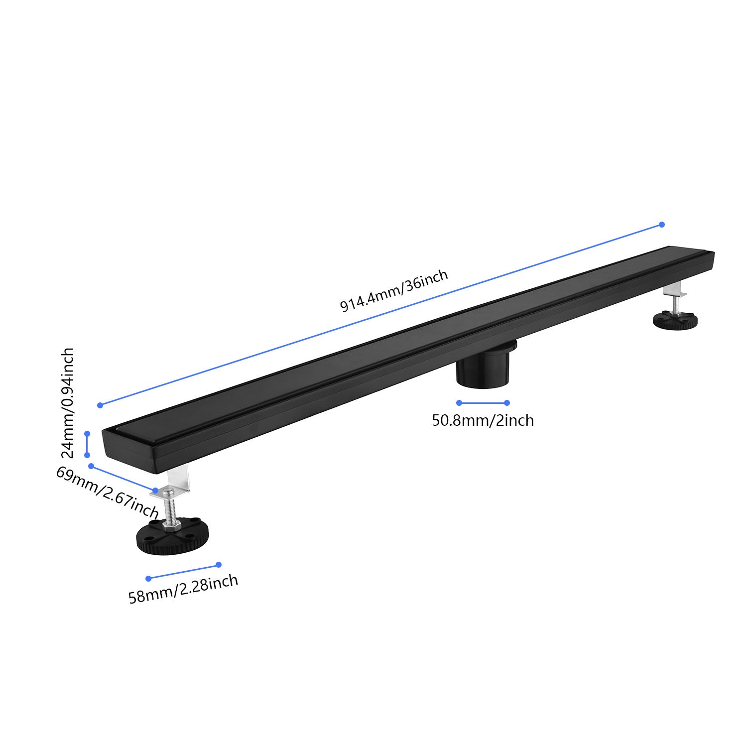 36 Inches Linear Shower Drain With Removable Cover, 304 Stainless Shower Drain Included Hair Strainer And Leveling Feet Matte Black Stainless Steel