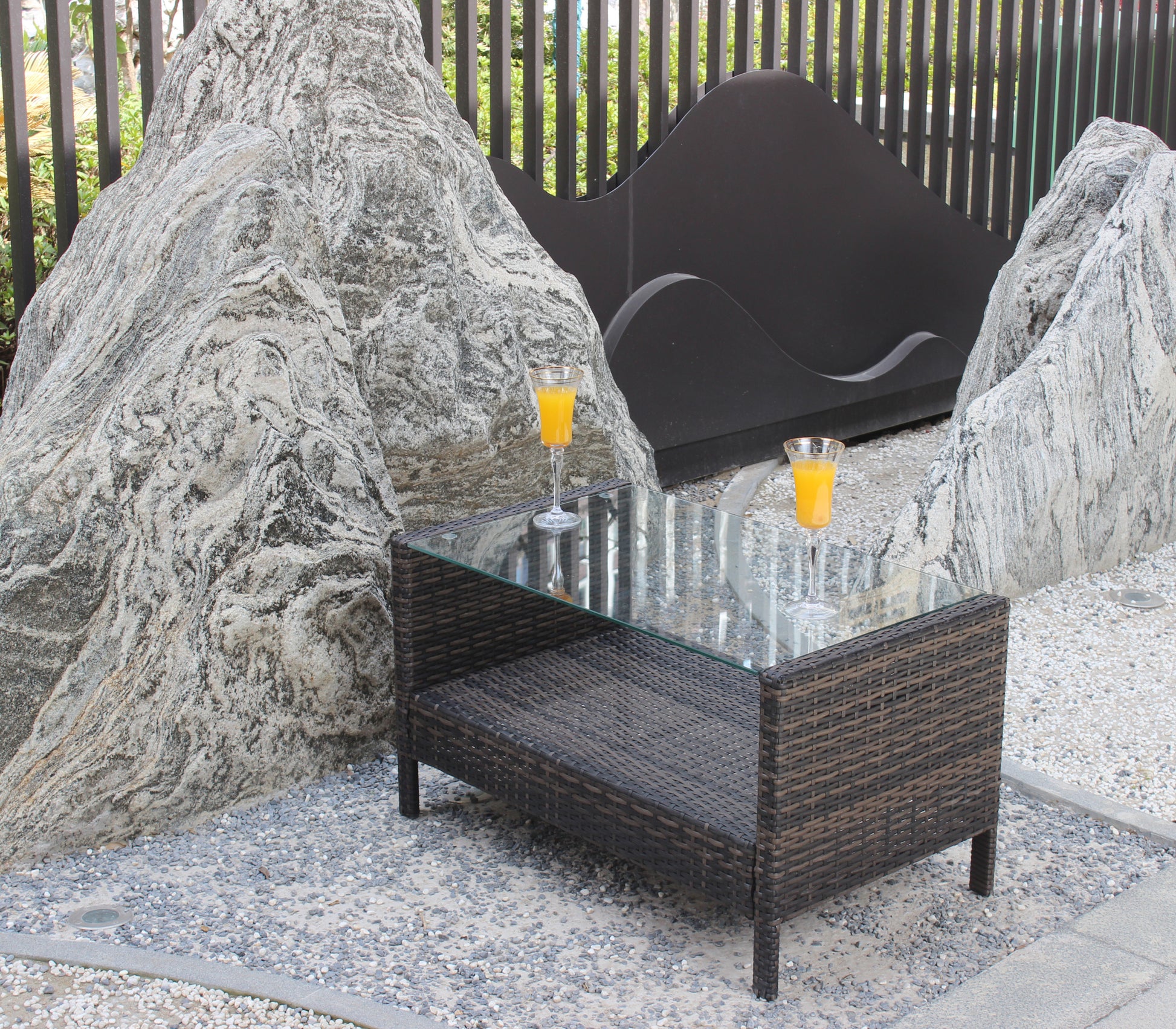 Outdoor Patio Furniture Coffee Table With Clear Tempered Glass Brown Iron