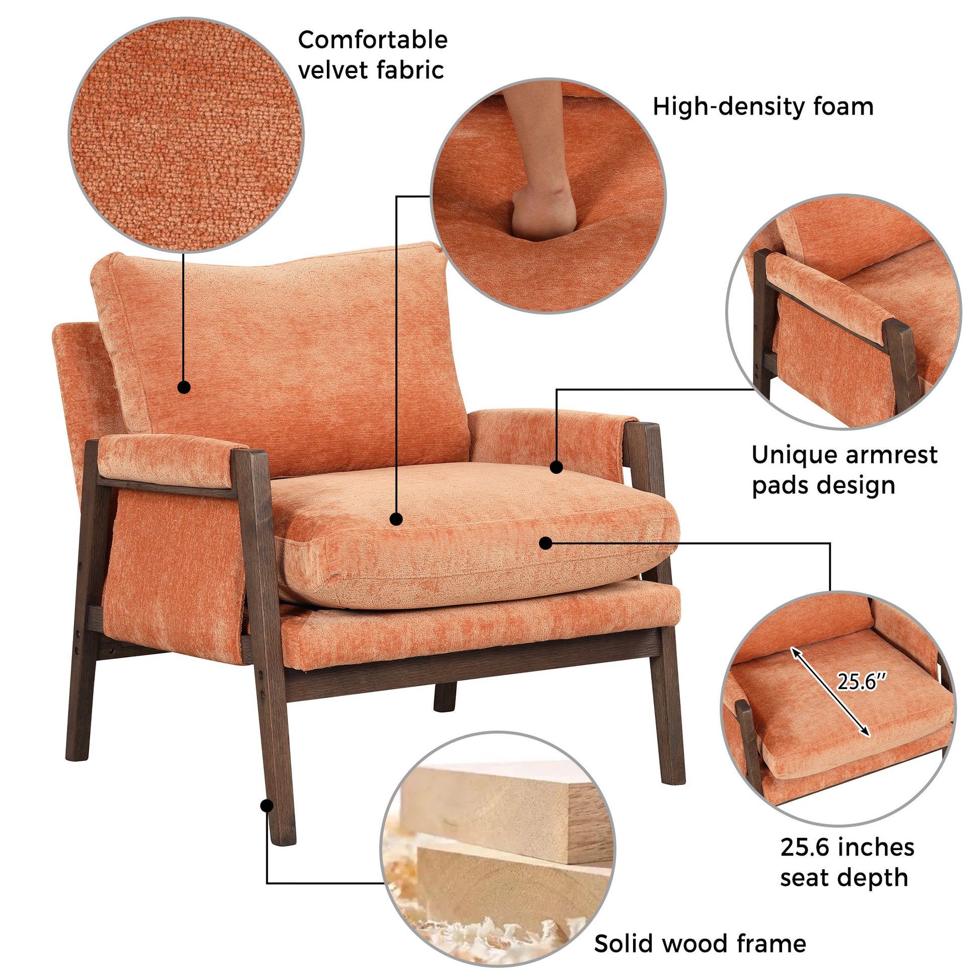 Mid Century Modern Velvet Accent Chair,Leisure Chair With Solid Wood And Thick Seat Cushion For Living Room,Bedroom,Studio,Orange Orange Foam Velvet
