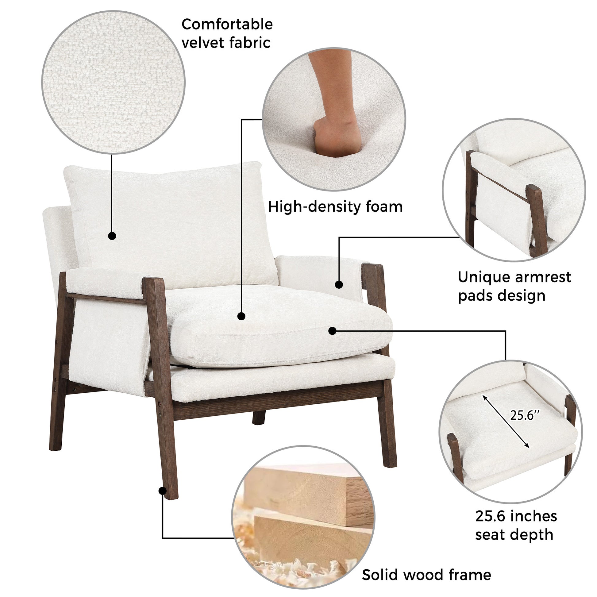 Mid Century Modern Velvet Accent Chair,Leisure Chair With Solid Wood And Thick Seat Cushion For Living Room,Bedroom,Studio,White White Foam Velvet