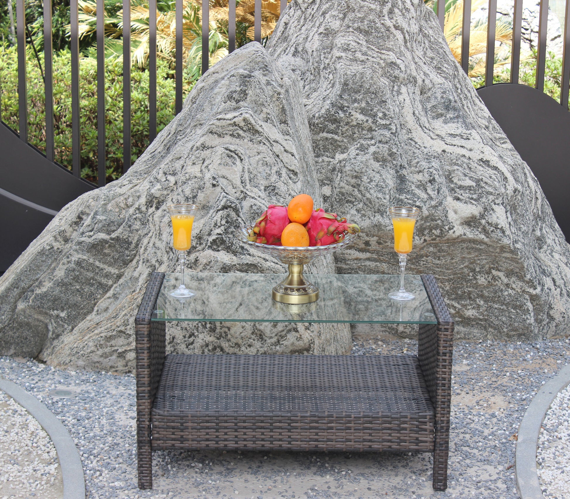 Outdoor Patio Furniture Coffee Table With Clear Tempered Glass Brown Iron