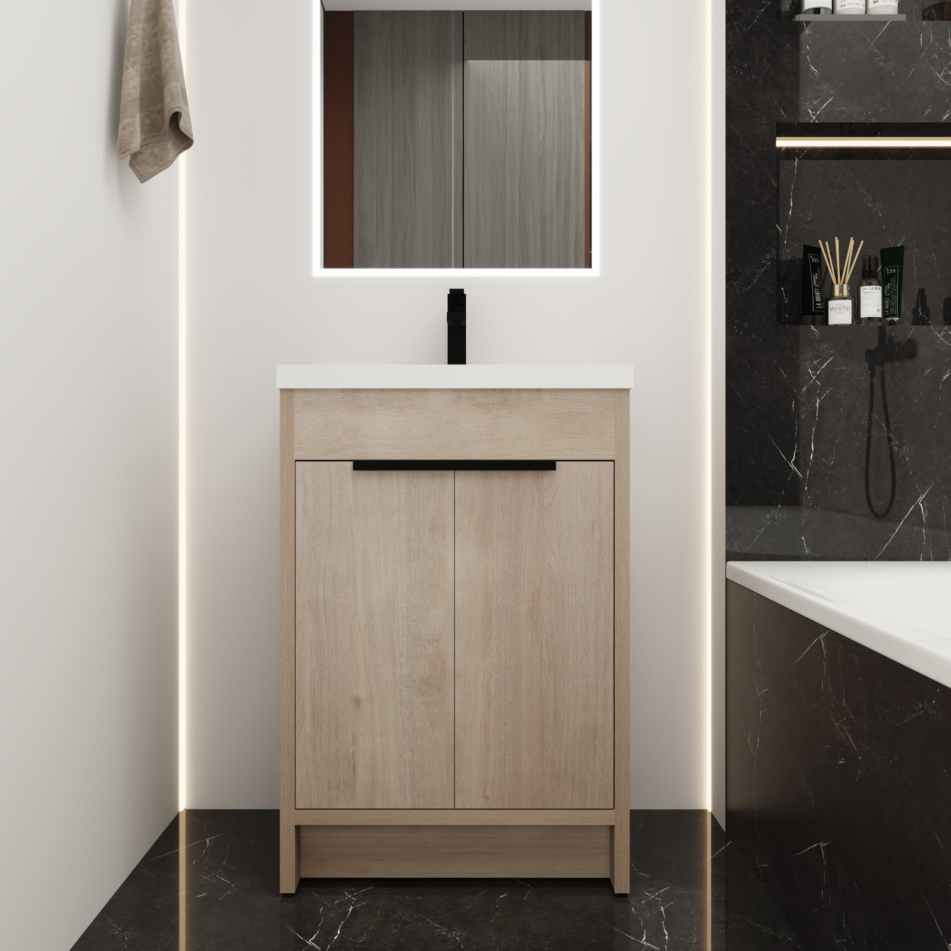 Kd Packing 24 Inch Freestanding Bathroom Vanity With White Resin Sink Sku:Bvb02424Plo Grb2440 ,W1286S00017 Plain Light Oak 2 Bathroom Freestanding Modern Plywood