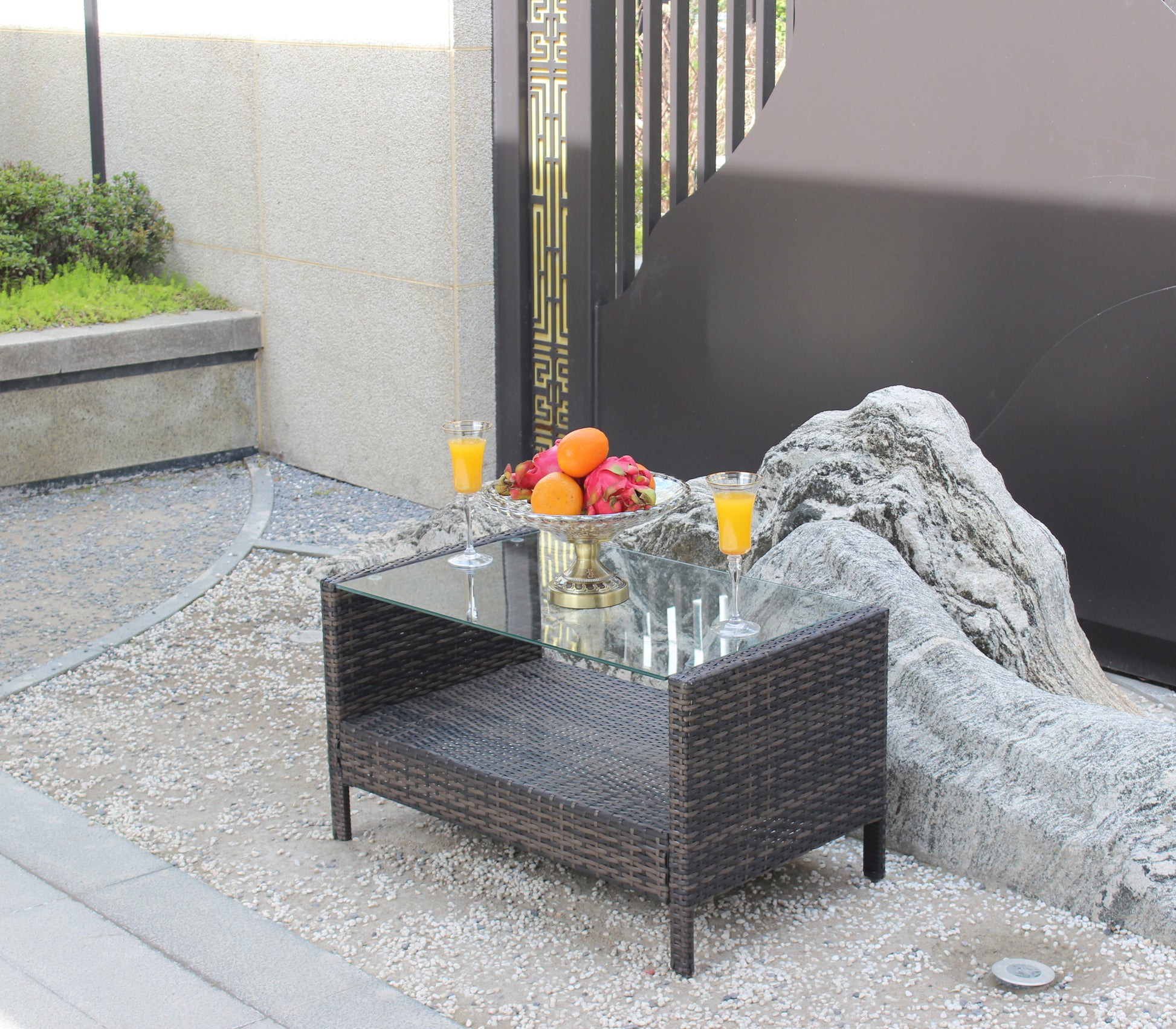 Outdoor Patio Furniture Coffee Table With Clear Tempered Glass Brown Iron