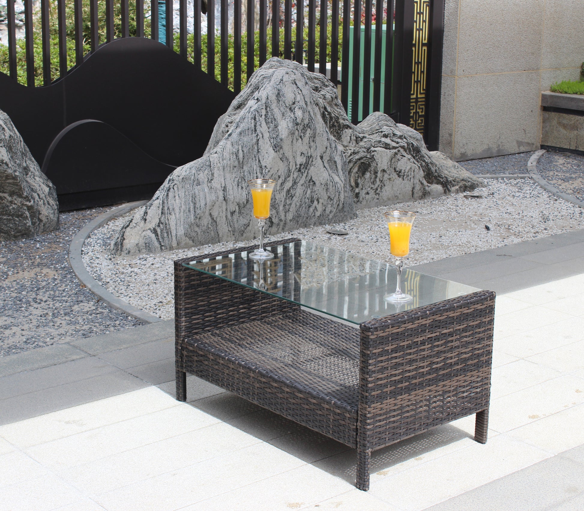 Outdoor Patio Furniture Coffee Table With Clear Tempered Glass Brown Iron