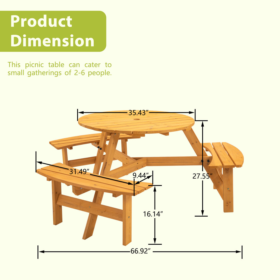 6 Person Circular Outdoor Wooden Picnic Table For Patio, Backyard, Garden, Diy W 3 Built In Benches, 1720Lb Capacity Natural Natural Solid Wood