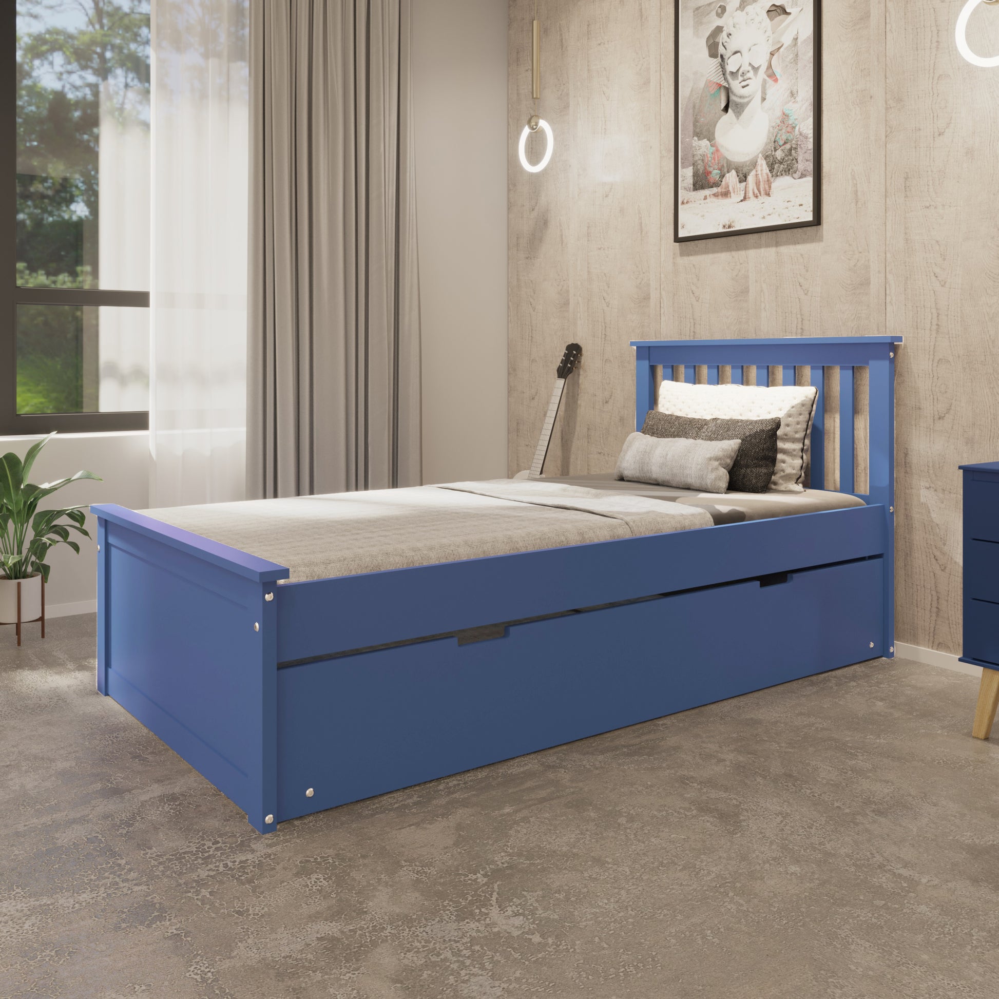 Blue Twin Trundle Bed, Heavy Duty Malibu Solid Wood Bed Frame With Twin Size Pull Out Toddler Trundle Bed For Kids Blue Pine Solid Wood