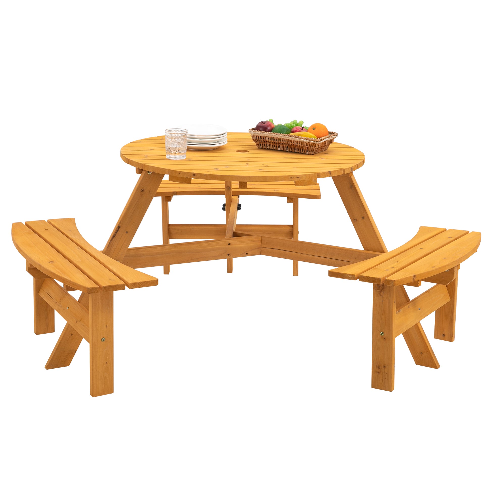 6 Person Circular Outdoor Wooden Picnic Table For Patio, Backyard, Garden, Diy W 3 Built In Benches, 1720Lb Capacity Natural Natural Solid Wood