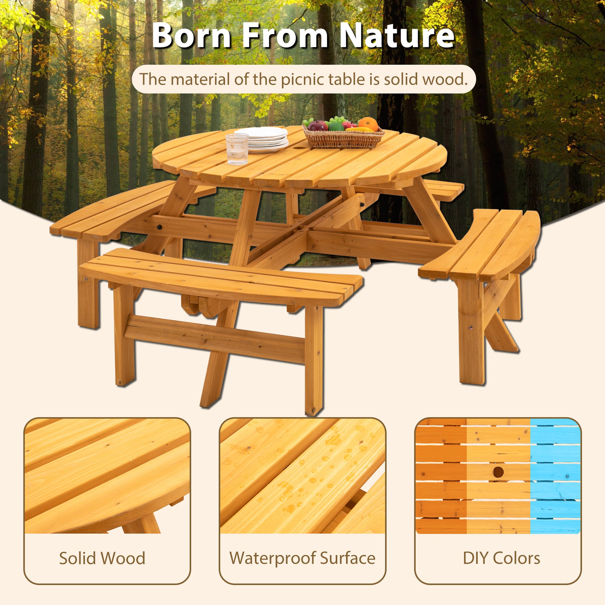 8 Person Wooden Picnic Table, Outdoor Camping Dining Table With Seat, Garden, Diy W 4 Built In Benches, 2220Lb Capacity Natural Natural Solid Wood