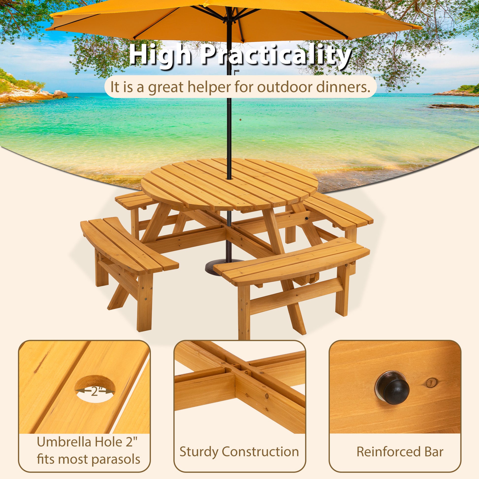 8 Person Wooden Picnic Table, Outdoor Camping Dining Table With Seat, Garden, Diy W 4 Built In Benches, 2220Lb Capacity Natural Natural Solid Wood