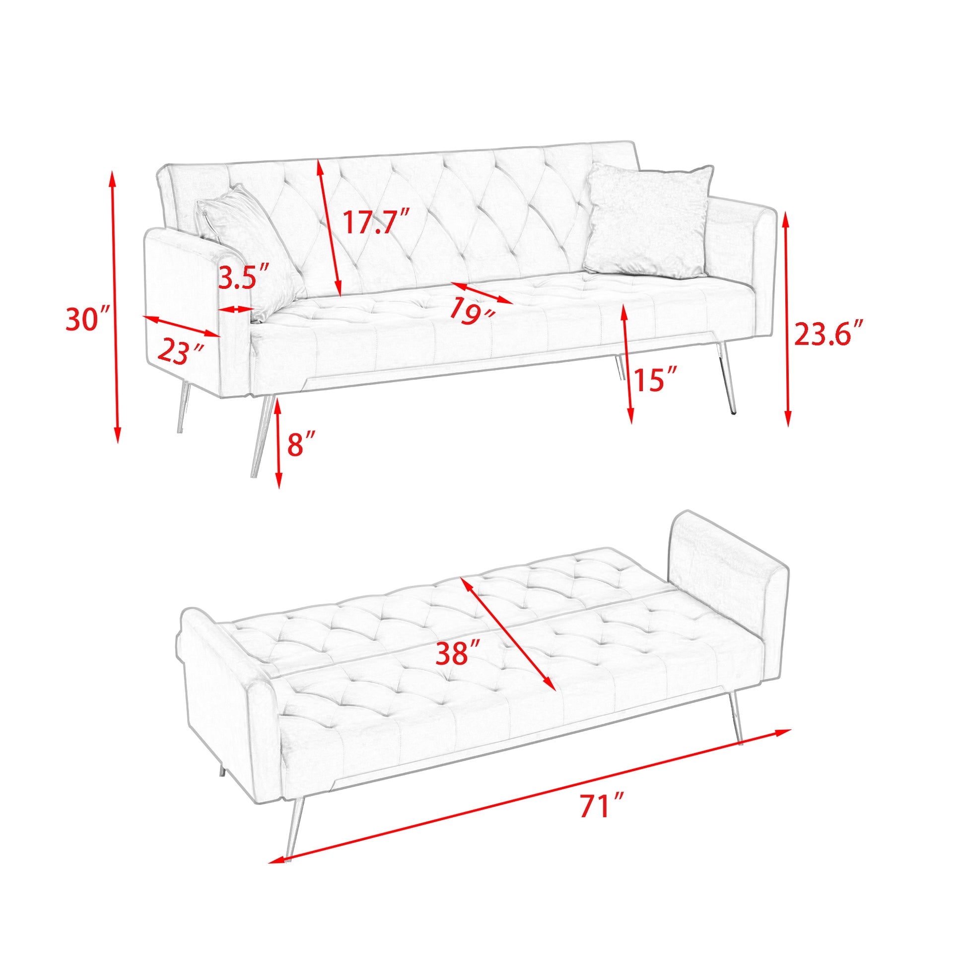 71" Convertible Double Folding Living Room Sofa Bed Beige Velvet 2 Seat