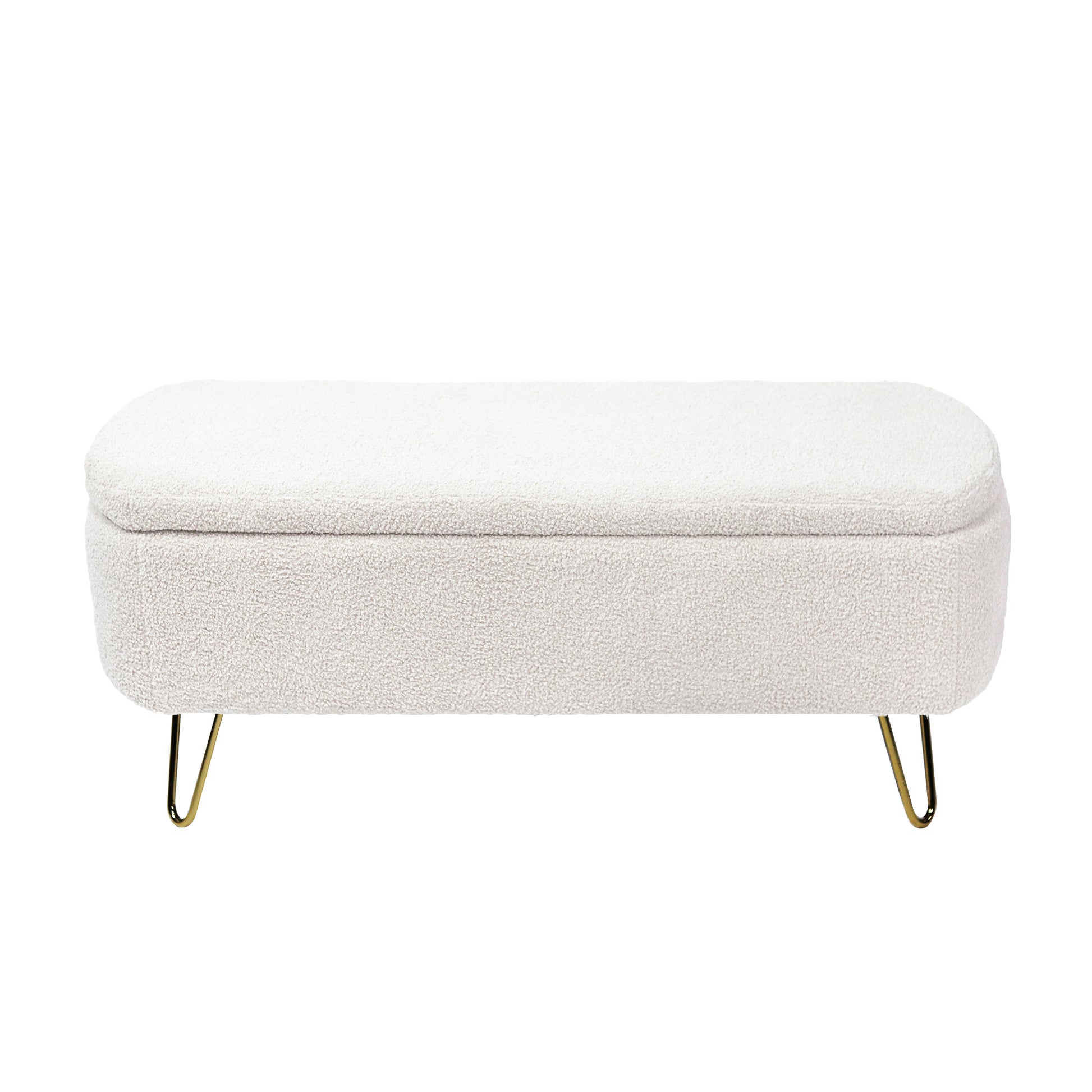 Ivory White Storage Ottoman Bench For End Of Bed Gold Legs, Modern Ivory White Faux Fur Entryway Bench Upholstered Padded With Storage For Living Room Bedroom Ivory Faux Fur