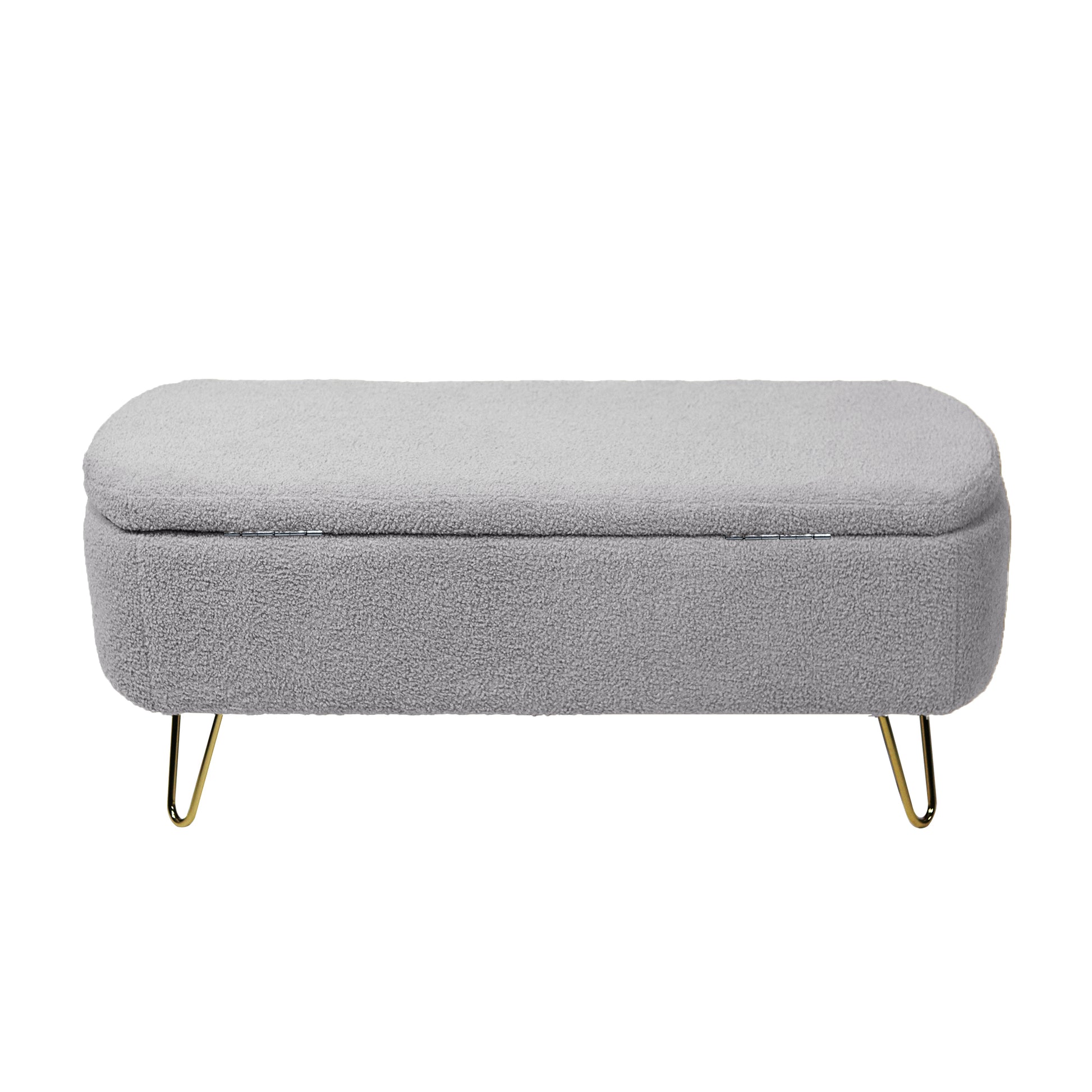 Grey Storage Ottoman Bench For End Of Bed Gold Legs, Modern Grey Faux Fur Entryway Bench Upholstered Padded With Storage For Living Room Bedroom Grey Faux Fur