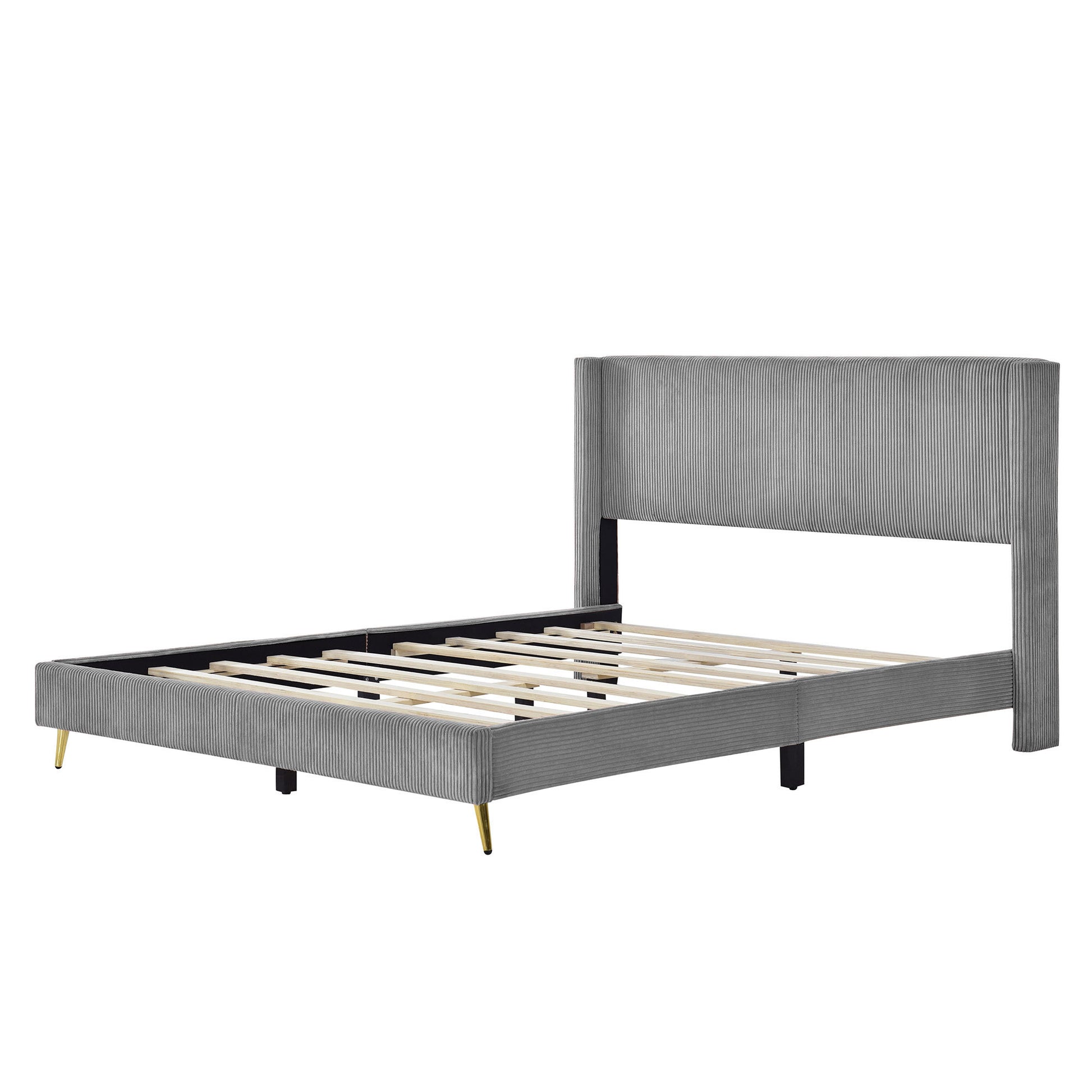 Queen Size Corduroy Platform Bed With Metal Legs, Gray Gray Corduroy