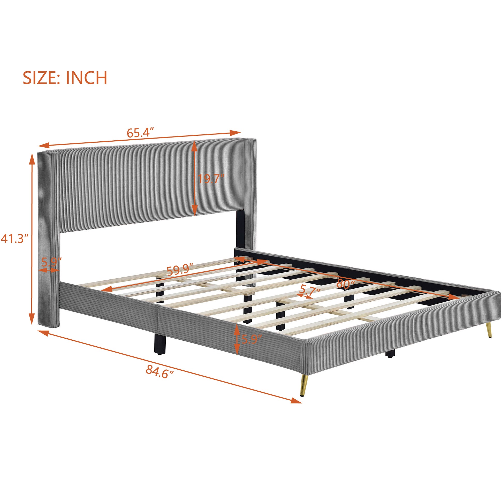 Queen Size Corduroy Platform Bed With Metal Legs, Gray Gray Corduroy