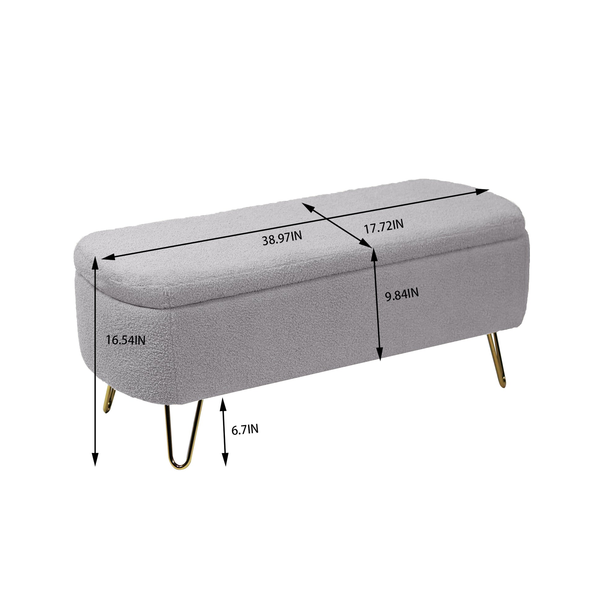 Grey Storage Ottoman Bench For End Of Bed Gold Legs, Modern Grey Faux Fur Entryway Bench Upholstered Padded With Storage For Living Room Bedroom Grey Faux Fur