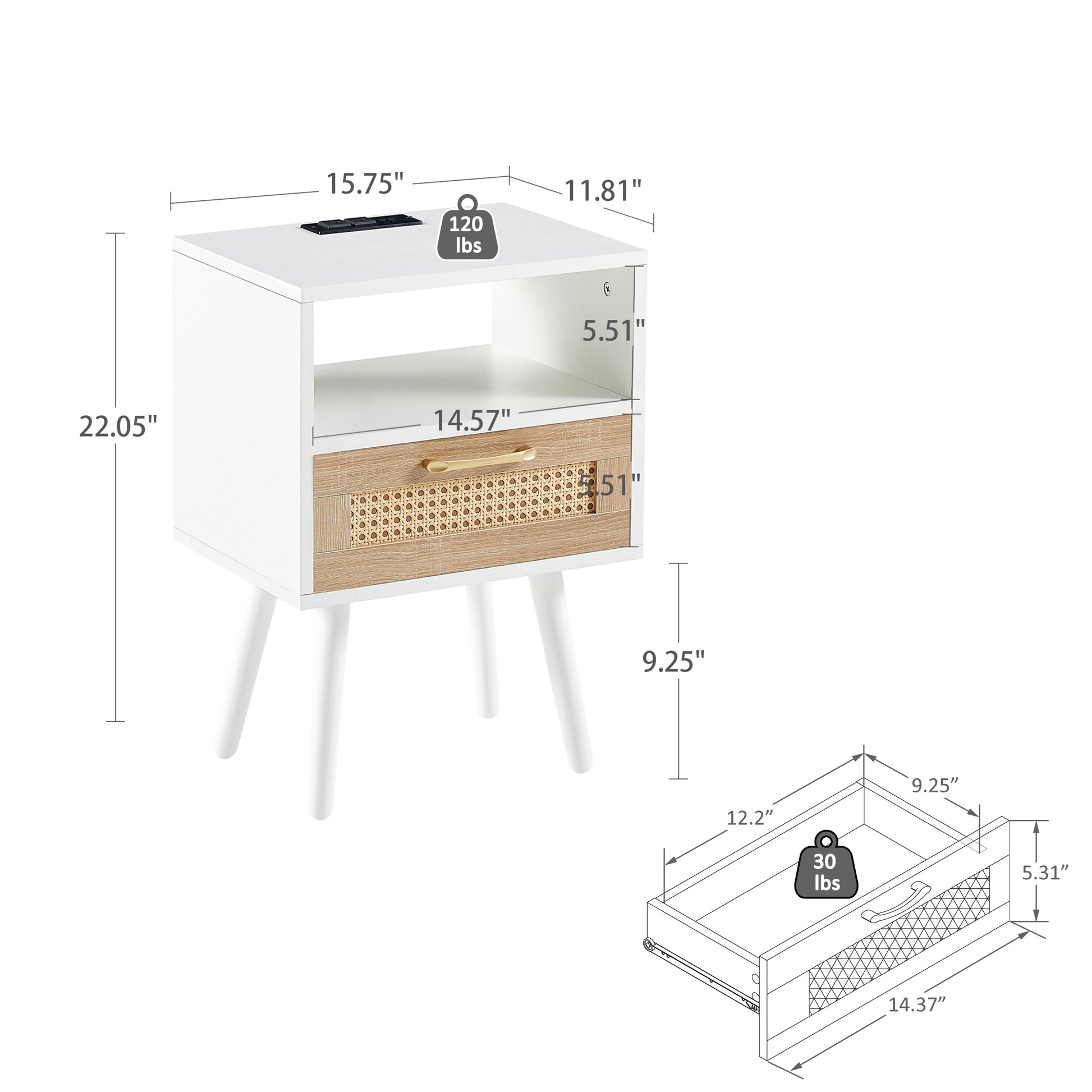 15.75" Rattan End Table With Power Outlet & Usb Portsmodern Nightstand With Drawer And Solid Wood Legs, Side Table For Living Room, Bedroom, White White Solid Wood Mdf