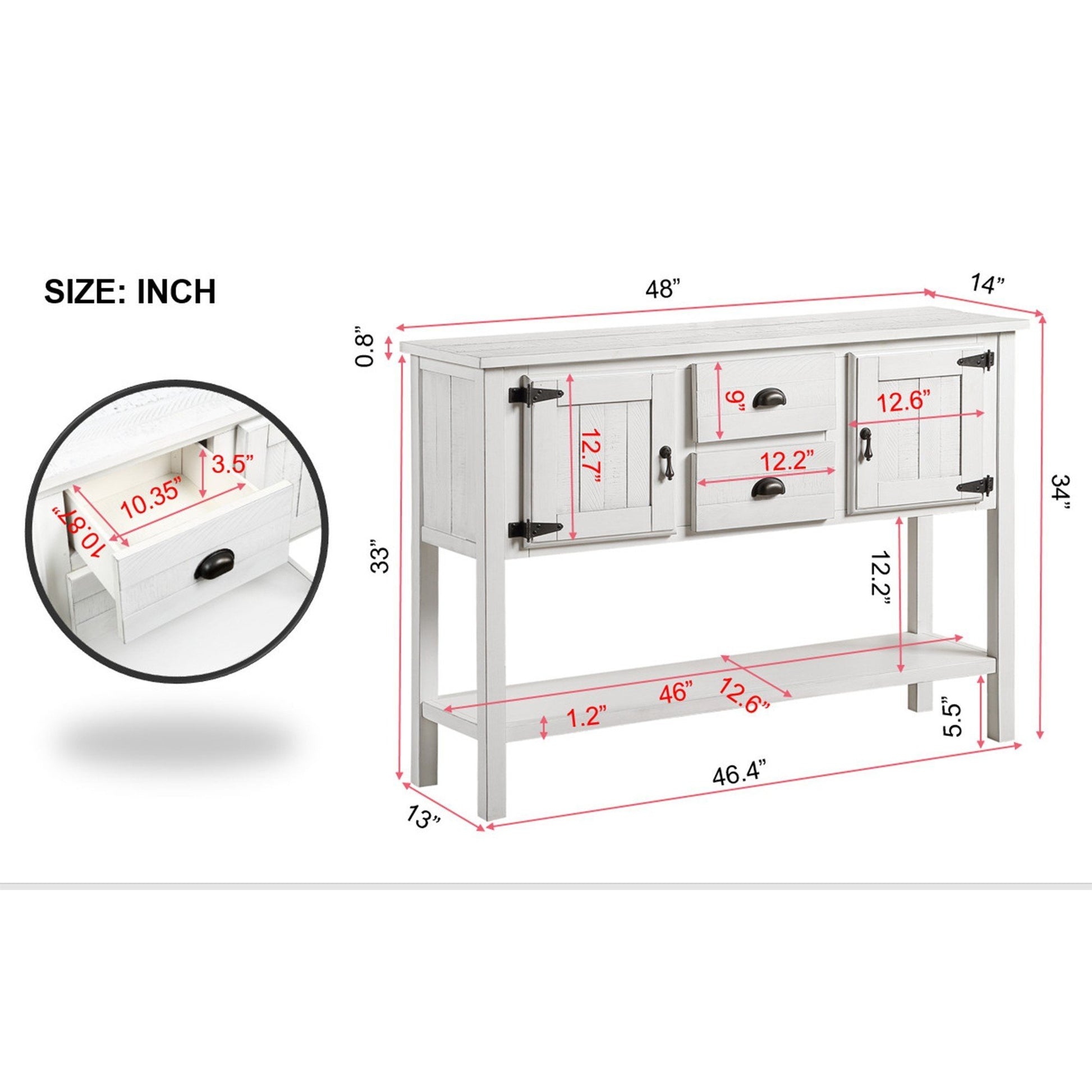 48'' Solid Wood Sideboard Console Table With 2 Drawers And Cabinets And Bottom Shelf, Retro Style Storage Dining Buffet Server Cabinet For Living Room Kitchen Dining Room Antique White Antique White Primary Living Space American Design,American