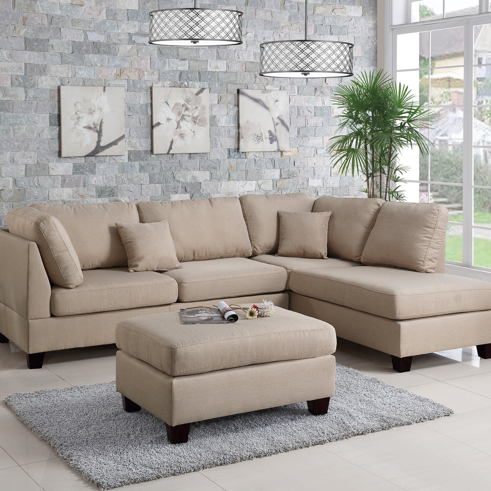 Sand Color 3Pcs Sectional Living Room Furniture Reversible Chaise Sofa And Ottoman Polyfiber Linen Like Fabric Cushion Couch Desert Sand Wood Primary Living Space Cushion Back Contemporary,Modern L Shaped Pillow Top Arms Plywood 5 Seat