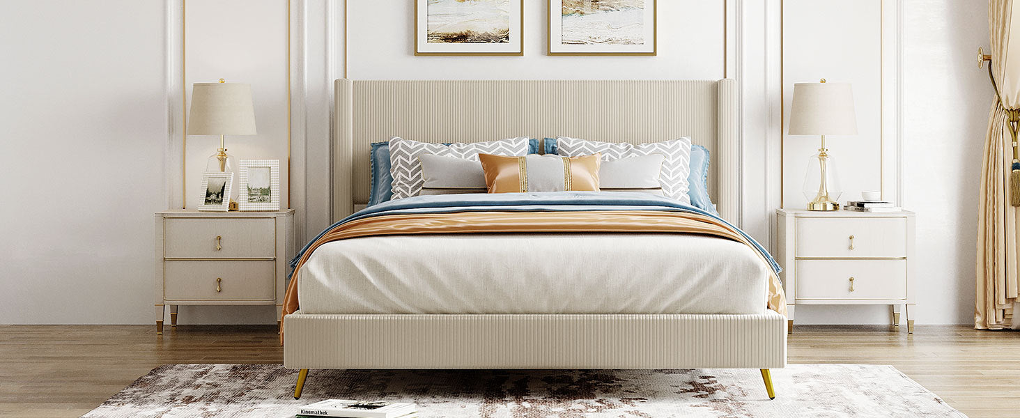 Queen Size Corduroy Platform Bed With Metal Legs, Beige Beige Corduroy