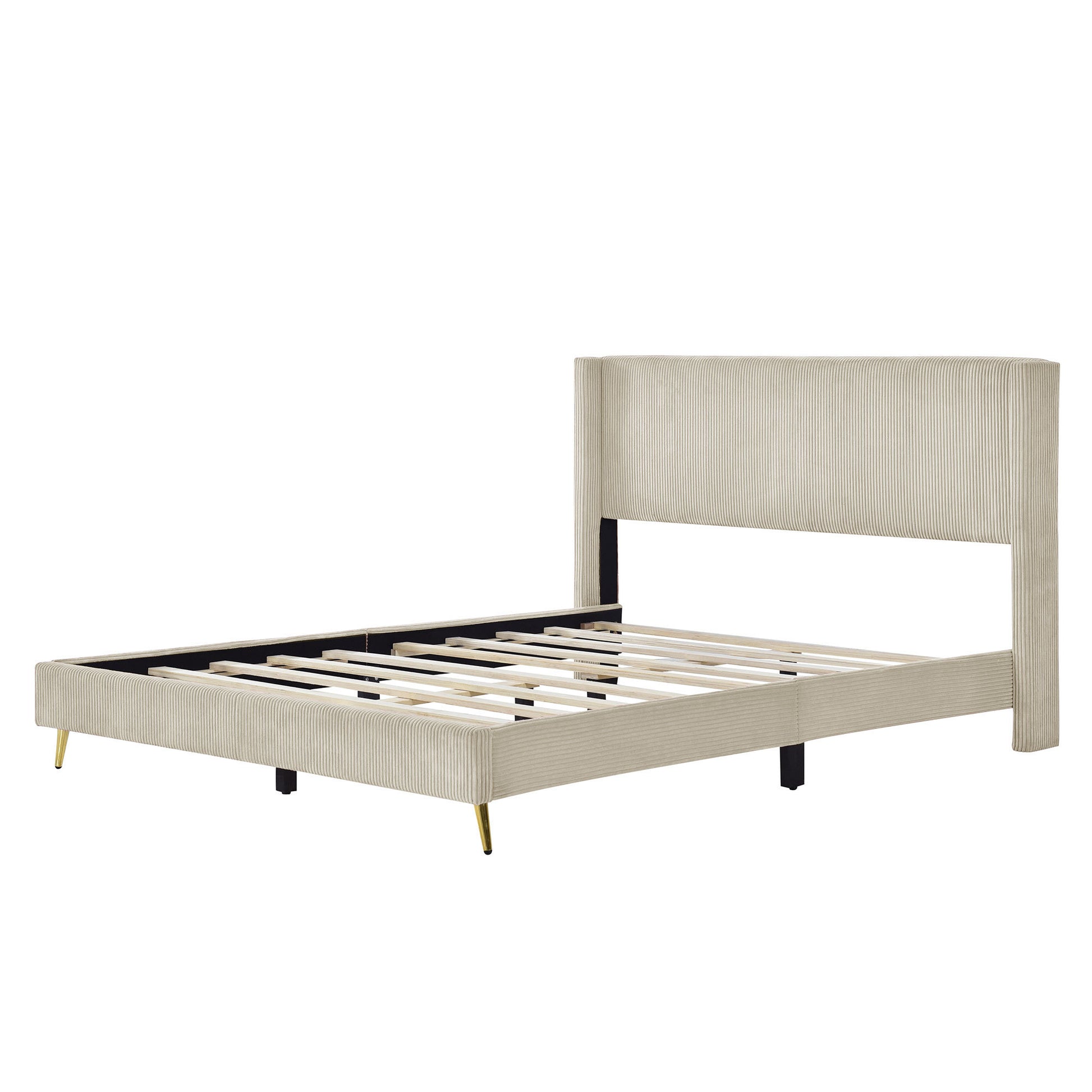 Queen Size Corduroy Platform Bed With Metal Legs, Beige Beige Corduroy