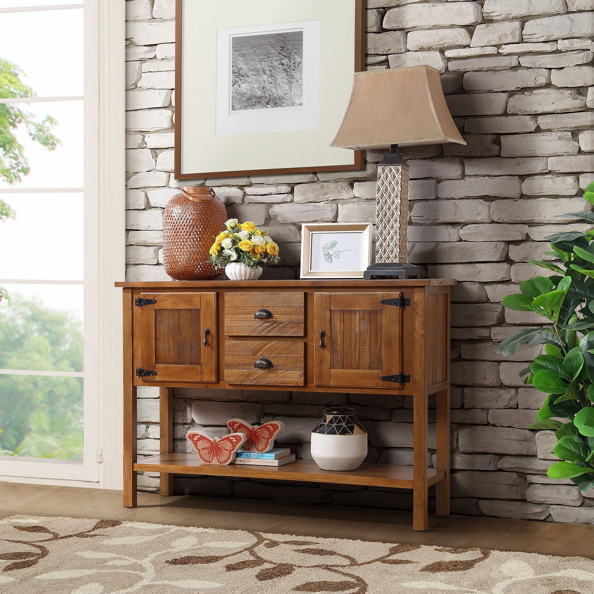 48'' Solid Wood Sideboard Console Table With 2 Drawers And Cabinets And Bottom Shelf, Retro Style Storage Dining Buffet Server Cabinet For Living Room Kitchen Dining Room Brown Brown Pine