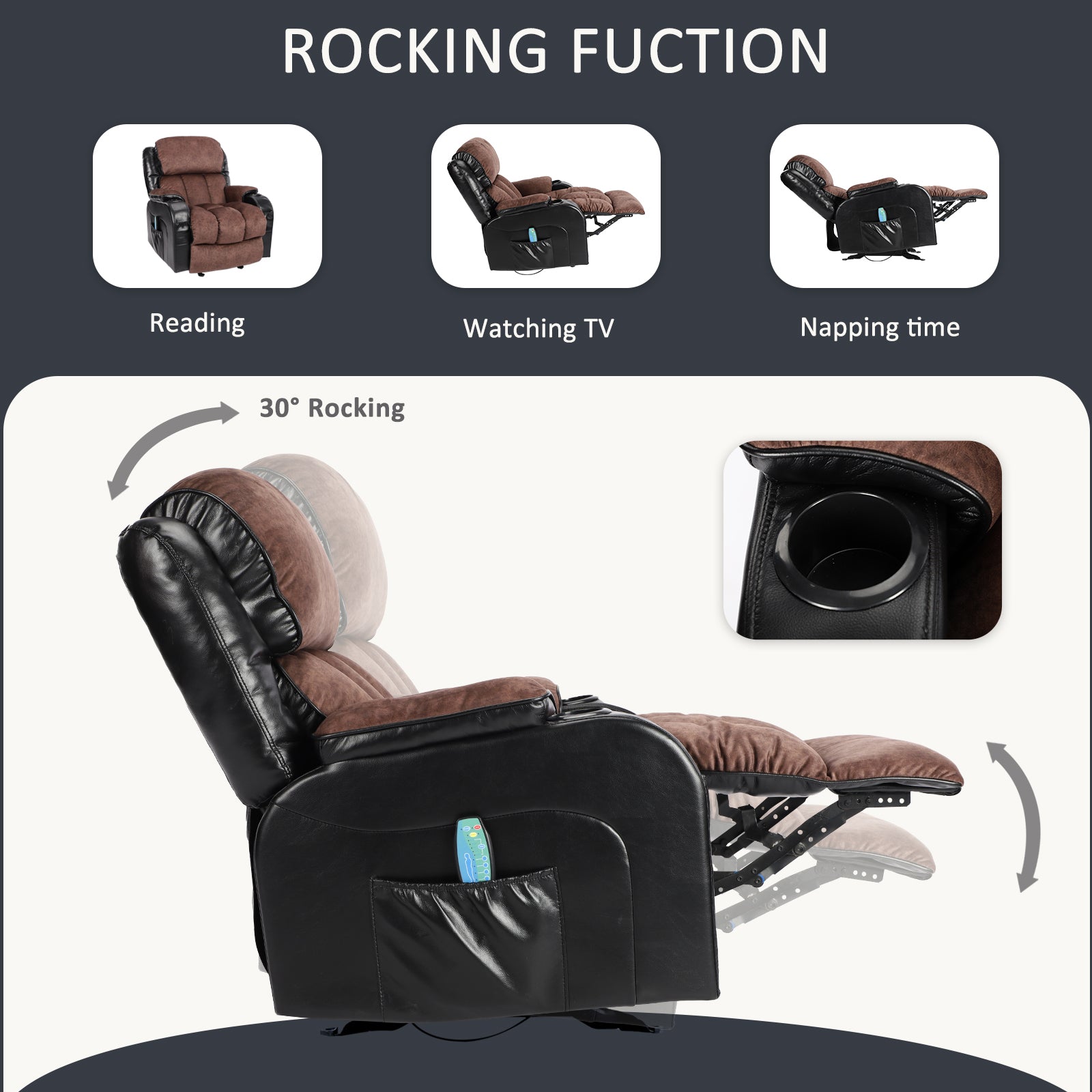 Recliner Chair For Living Room With Rocking Function And Side Pocket Blackbrown Black Brown Soft Foam Polyester