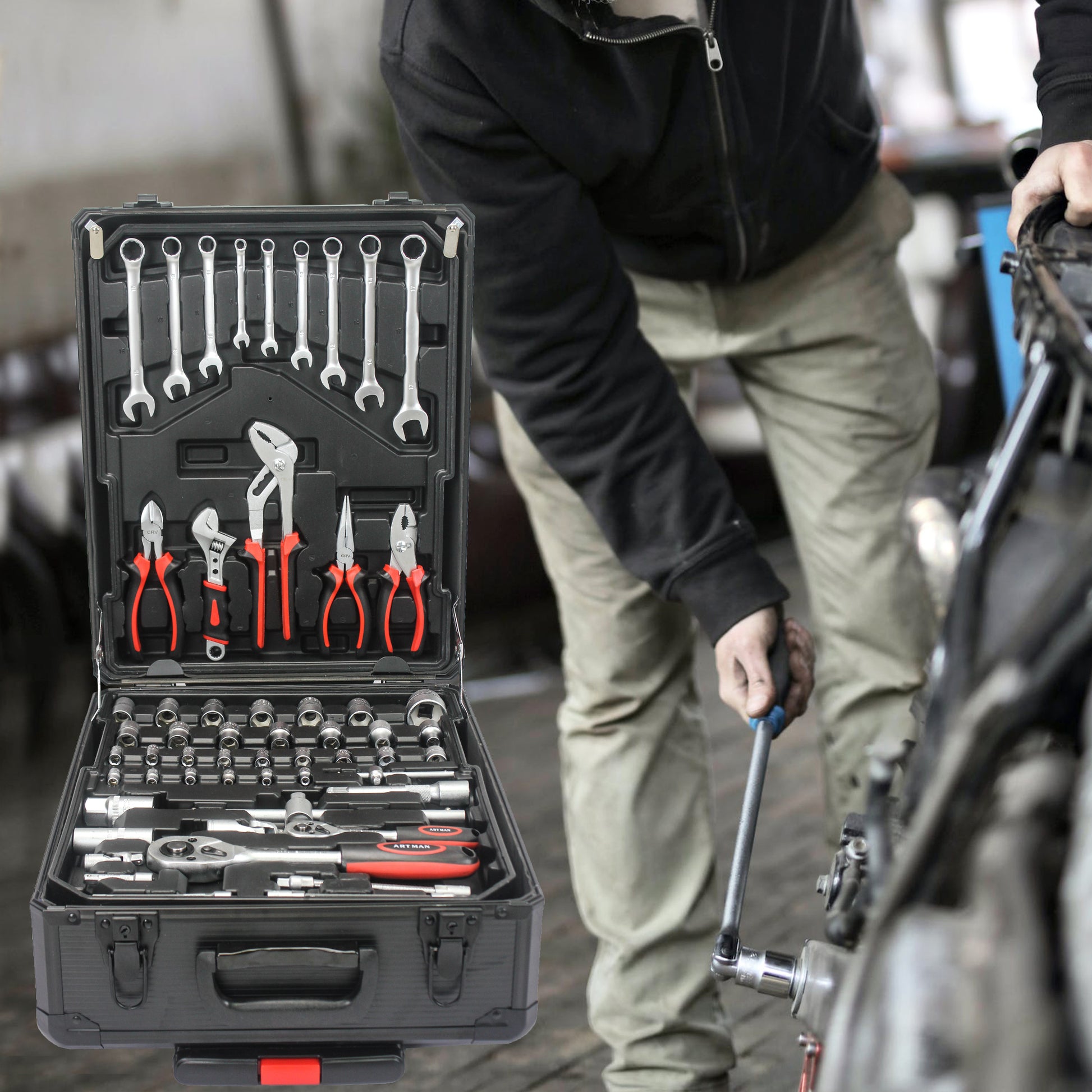 Black Hand Tool Box With 4 Layers Of Toolset And Wheels Black Plastic
