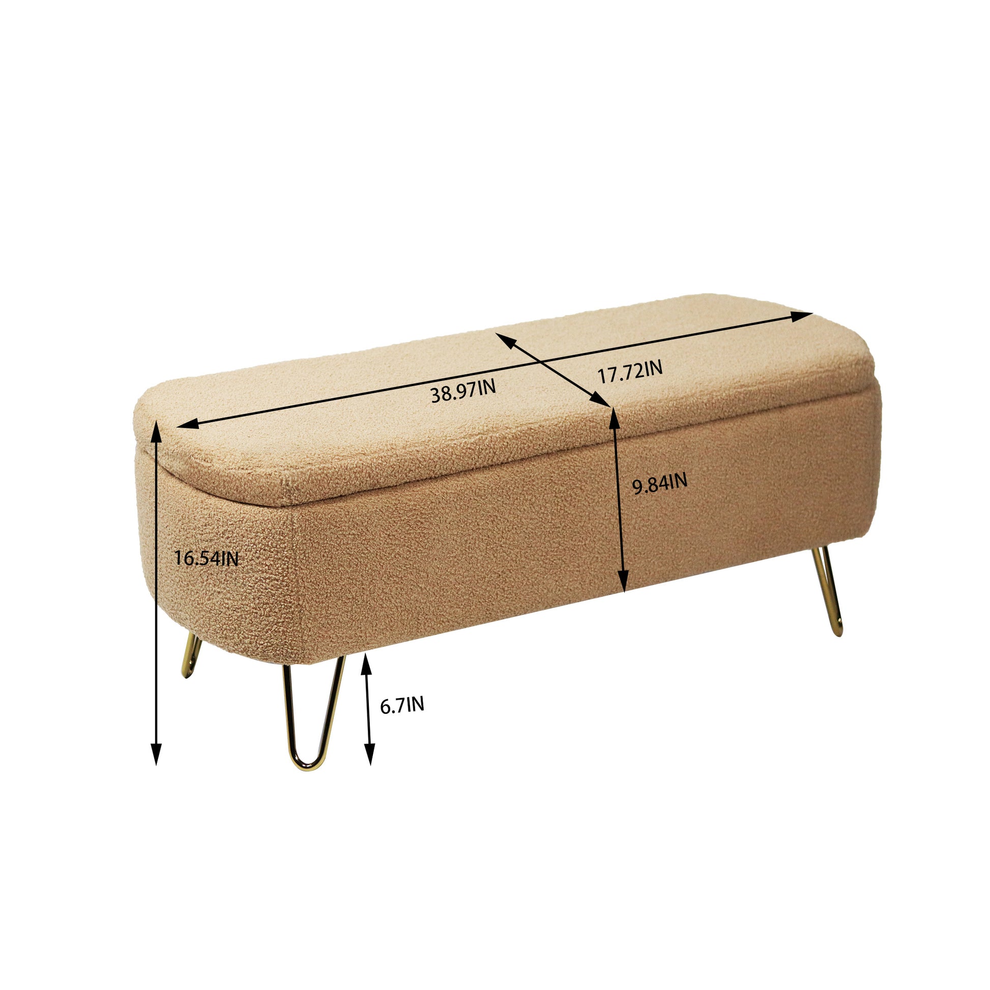 Camel Storage Ottoman Bench For End Of Bed Gold Legs, Modern Camel Faux Fur Entryway Bench Upholstered Padded With Storage For Living Room Bedroom Camel Faux Fur