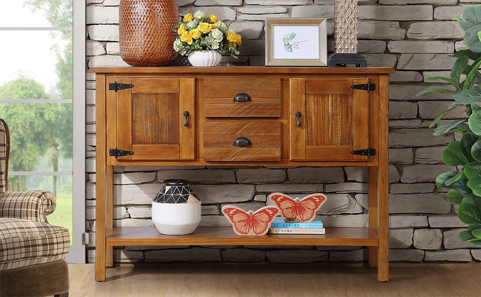 48'' Solid Wood Sideboard Console Table With 2 Drawers And Cabinets And Bottom Shelf, Retro Style Storage Dining Buffet Server Cabinet For Living Room Kitchen Dining Room Brown Brown Pine