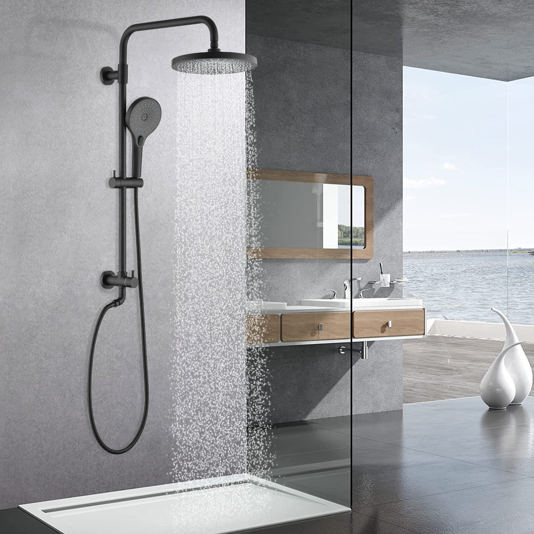 Shower Head With Handheld Shower System With 8" Rainfall Shower Head Shower System Dual Shower Combo 3 Setting Handheld Sprayer With Slide Bar Matte Black Matte Black Abs