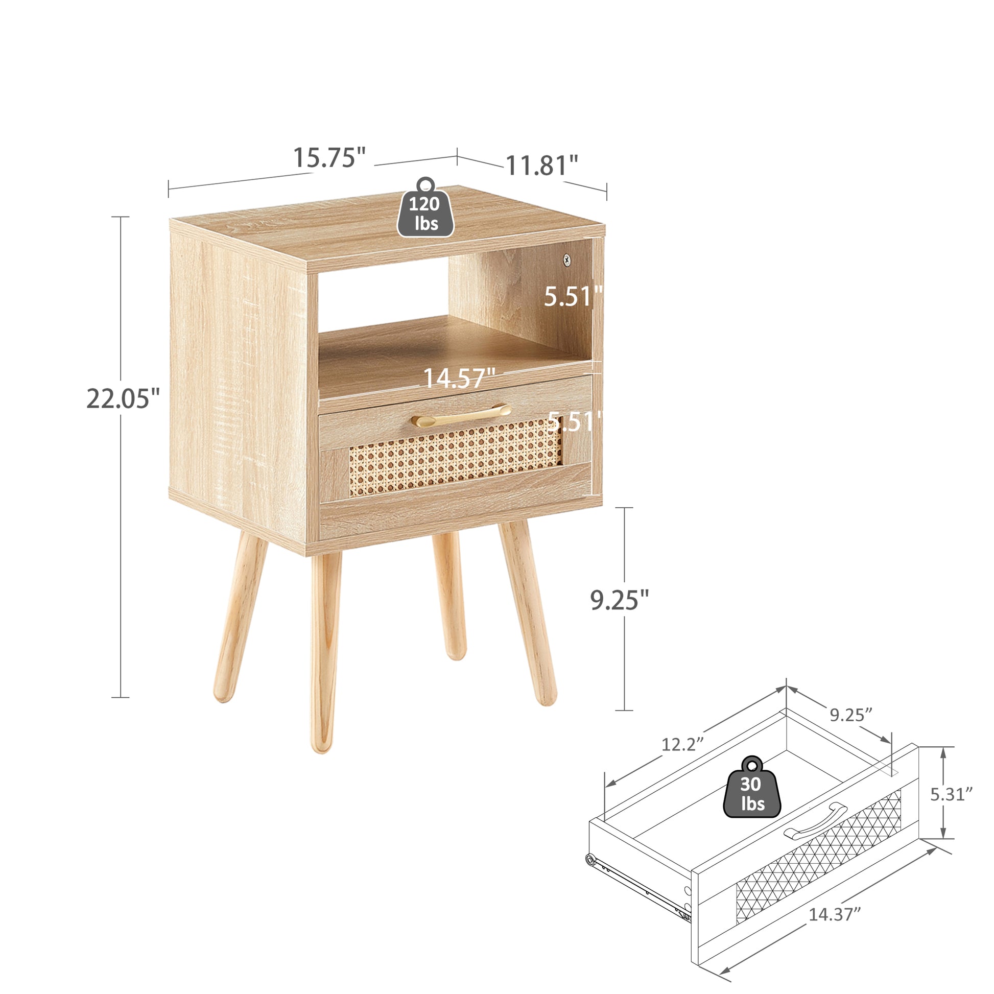 15.75" Rattan End Table With Drawer And Solid Wood Legs, Modern Nightstand, Side Table For Living Room, Bedroom,Natural Natural Solid Wood Mdf