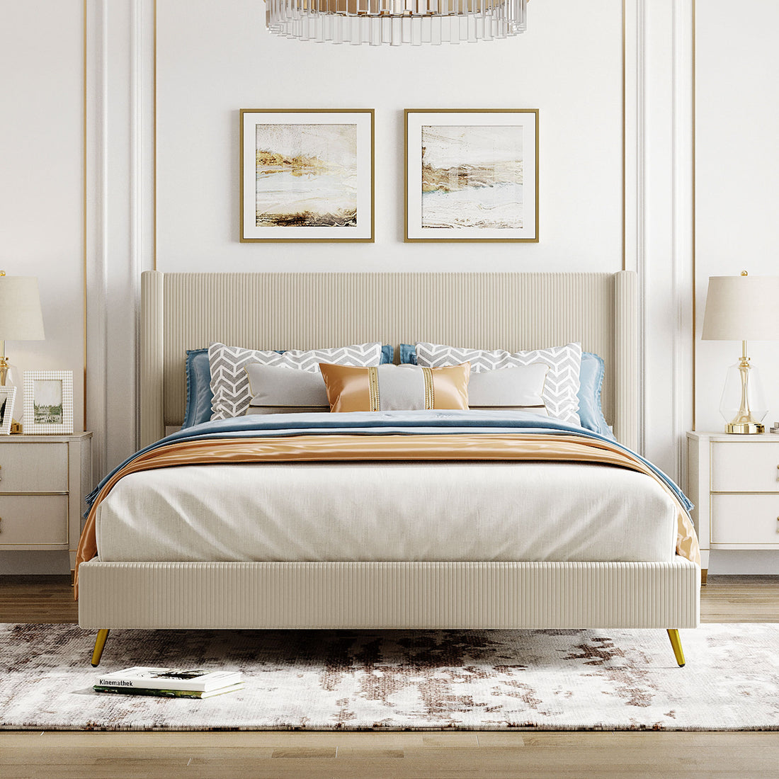 Queen Size Corduroy Platform Bed With Metal Legs, Beige Beige Corduroy