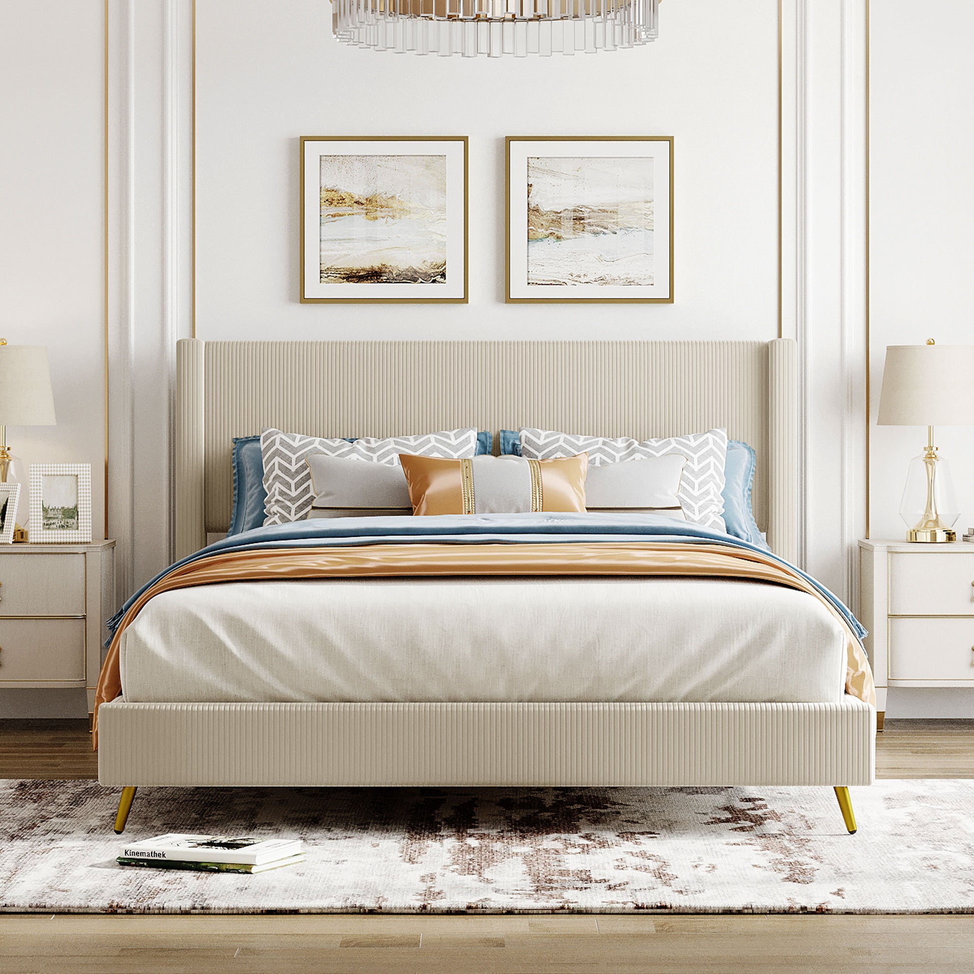 Queen Size Corduroy Platform Bed With Metal Legs, Beige Beige Corduroy