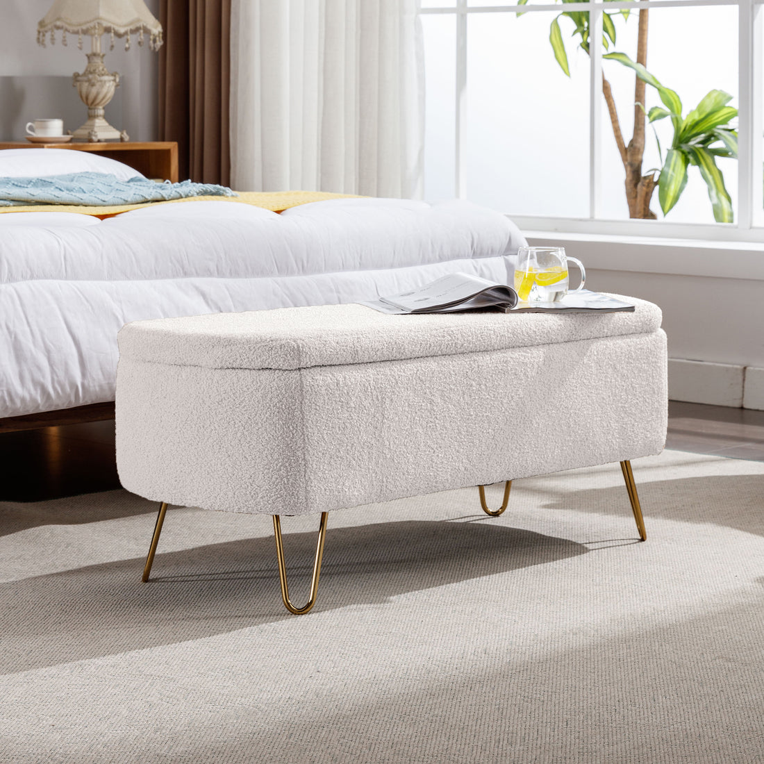 Ivory White Storage Ottoman Bench For End Of Bed Gold Legs, Modern Ivory White Faux Fur Entryway Bench Upholstered Padded With Storage For Living Room Bedroom Ivory Faux Fur