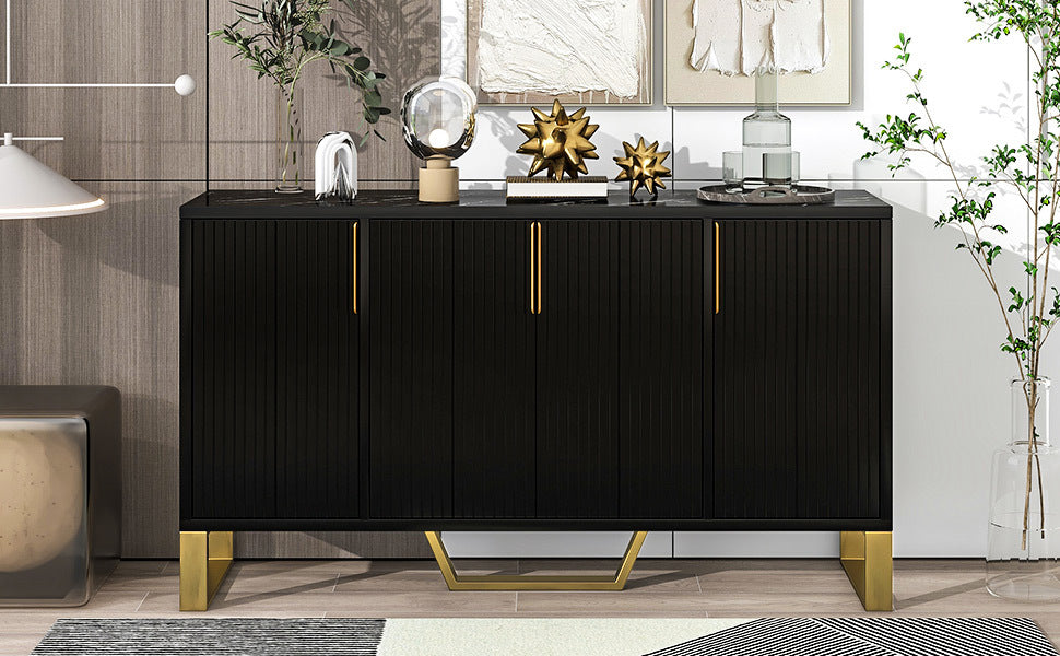 Modern Sideboard With Four Doors, Metal Handles & Legs And Adjustable Shelves Kitchen Cabinet Black Black Particle Board