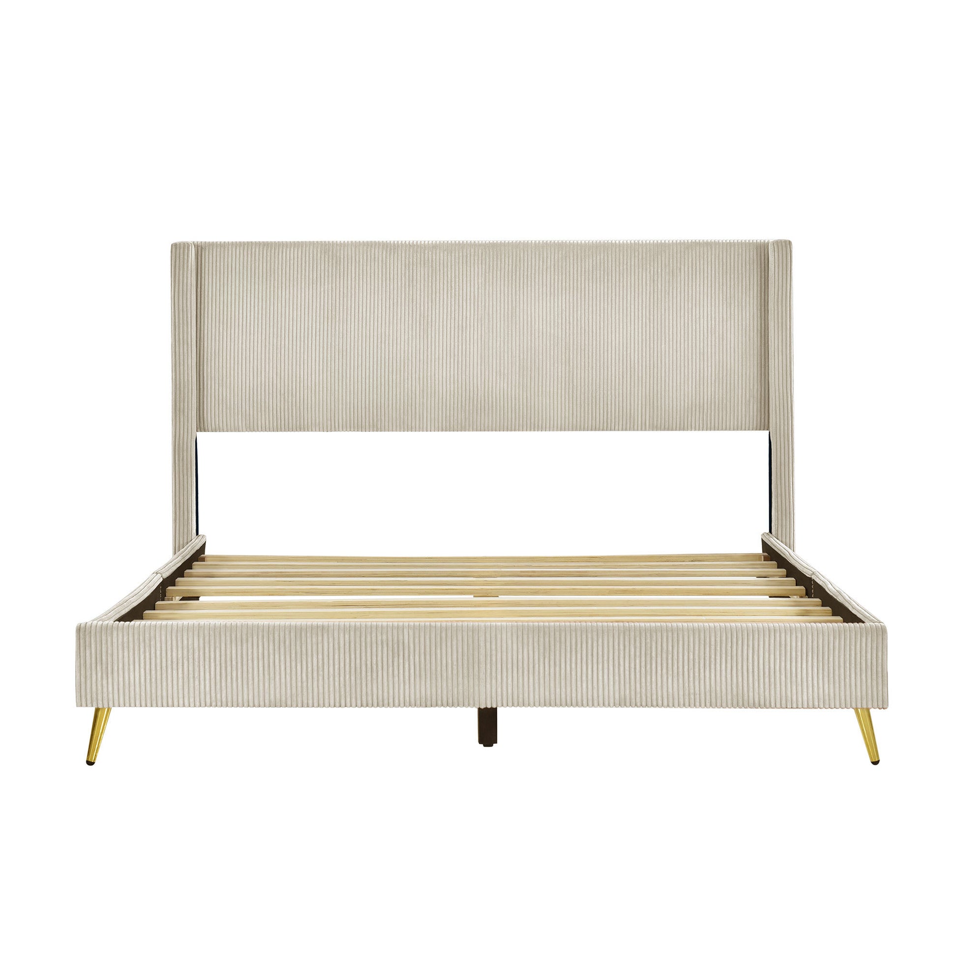 Queen Size Corduroy Platform Bed With Metal Legs, Beige Beige Corduroy