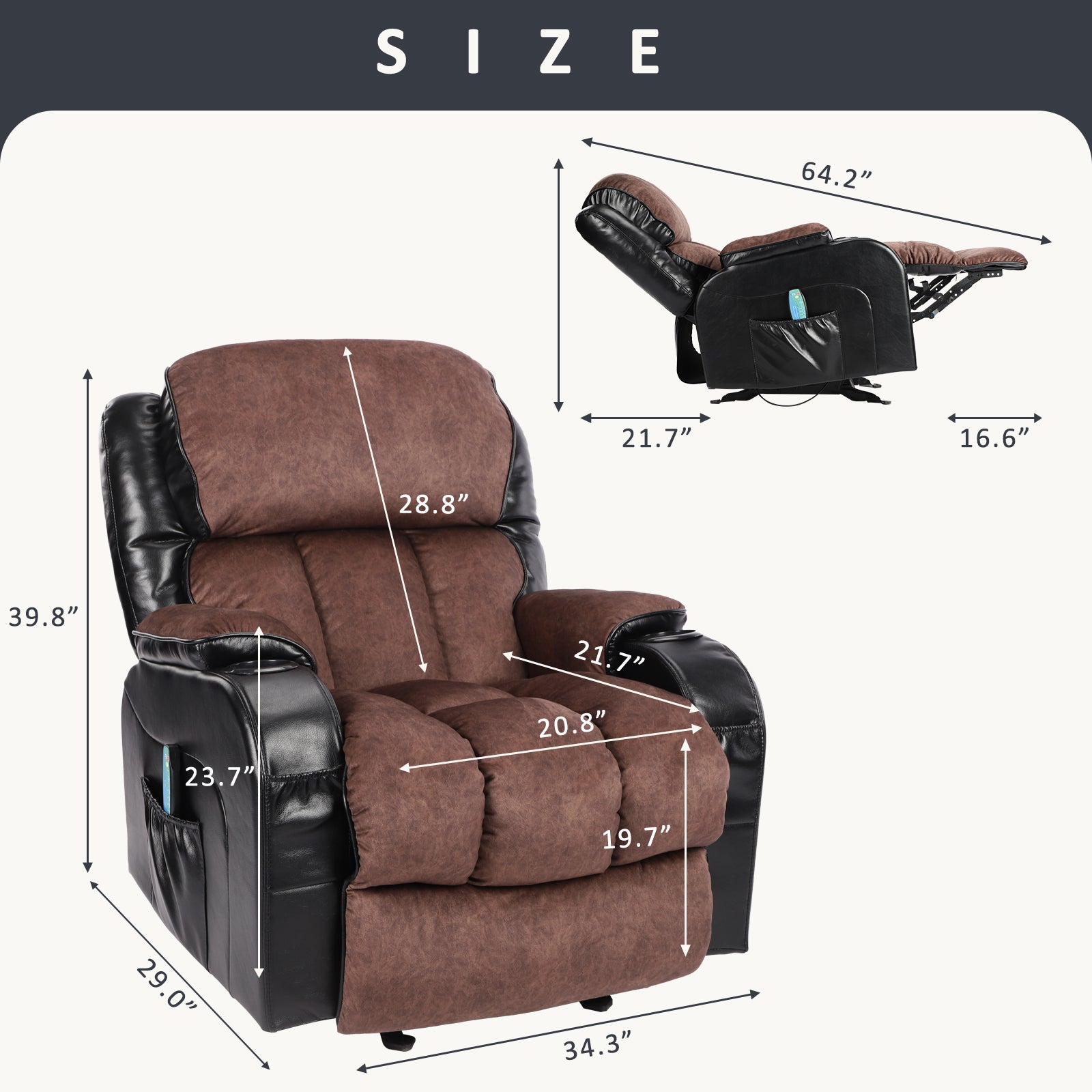 Recliner Chair For Living Room With Rocking Function And Side Pocket Blackbrown Black Brown Soft Foam Polyester