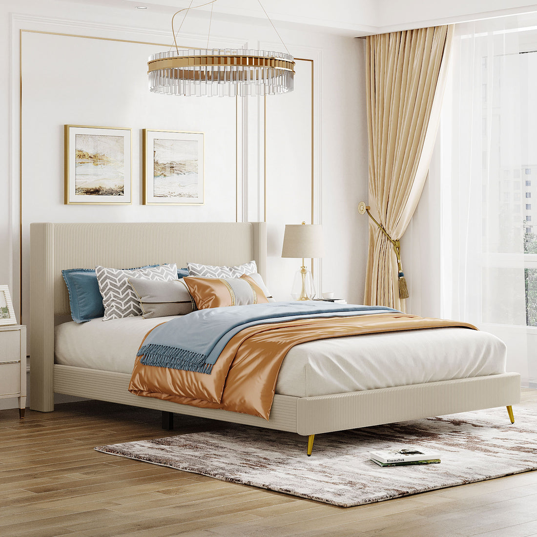 Queen Size Corduroy Platform Bed With Metal Legs, Beige Beige Corduroy