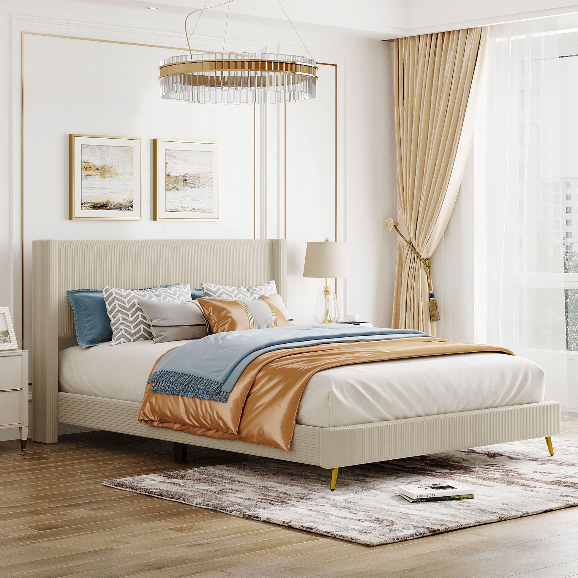 Queen Size Corduroy Platform Bed With Metal Legs, Beige Beige Corduroy