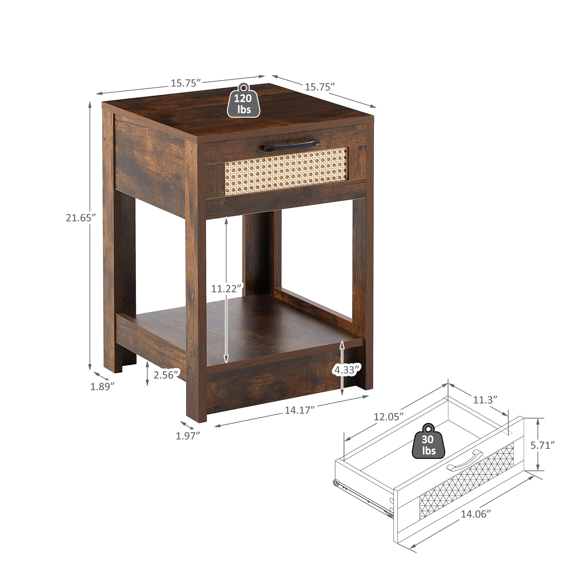 15.75" Rattan End Table With Drawer, Modern Nightstand, Side Table For Living Room, Bedroom,Rustic Brown Rustic Brown Mdf